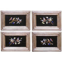Mid-Century Italian Pietra Dura Bird Wall Plaques in Silvered Frames, Set of 4