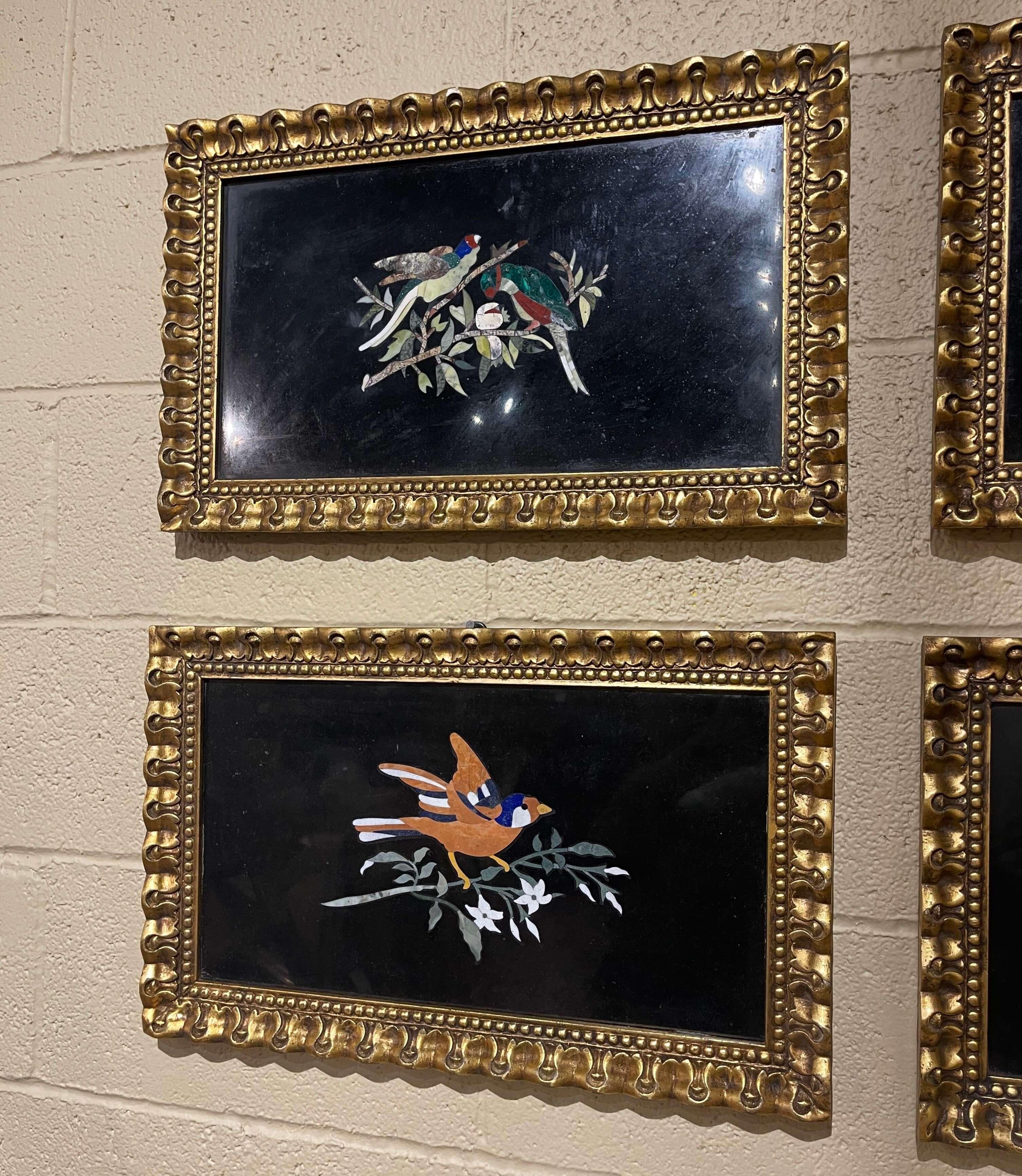 Mid-Century Italian Pietra Dura Plaques in Carved Gilt Frames, Set of Four For Sale 1