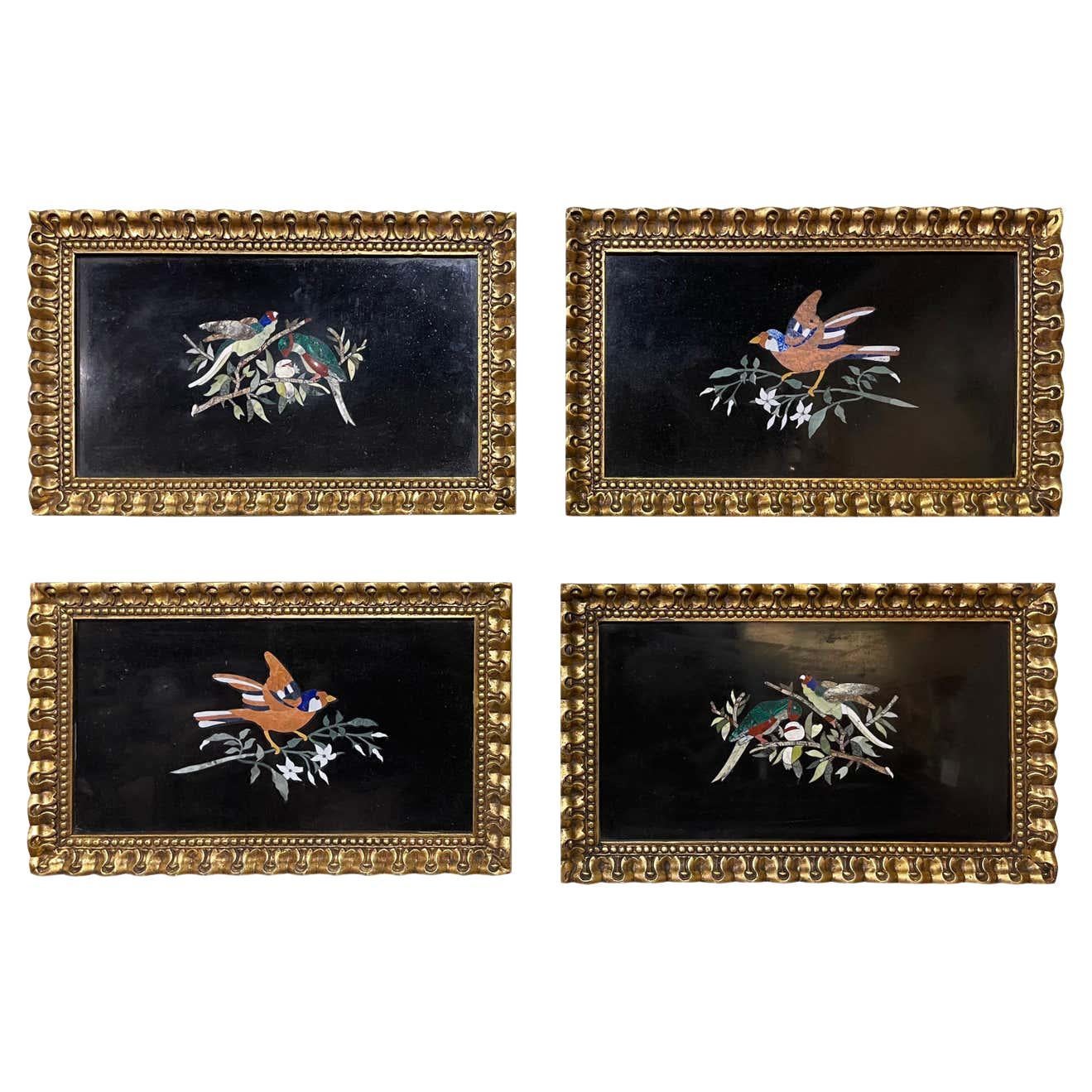Mid-Century Italian Pietra Dura Plaques in Carved Gilt Frames, Set of Four For Sale