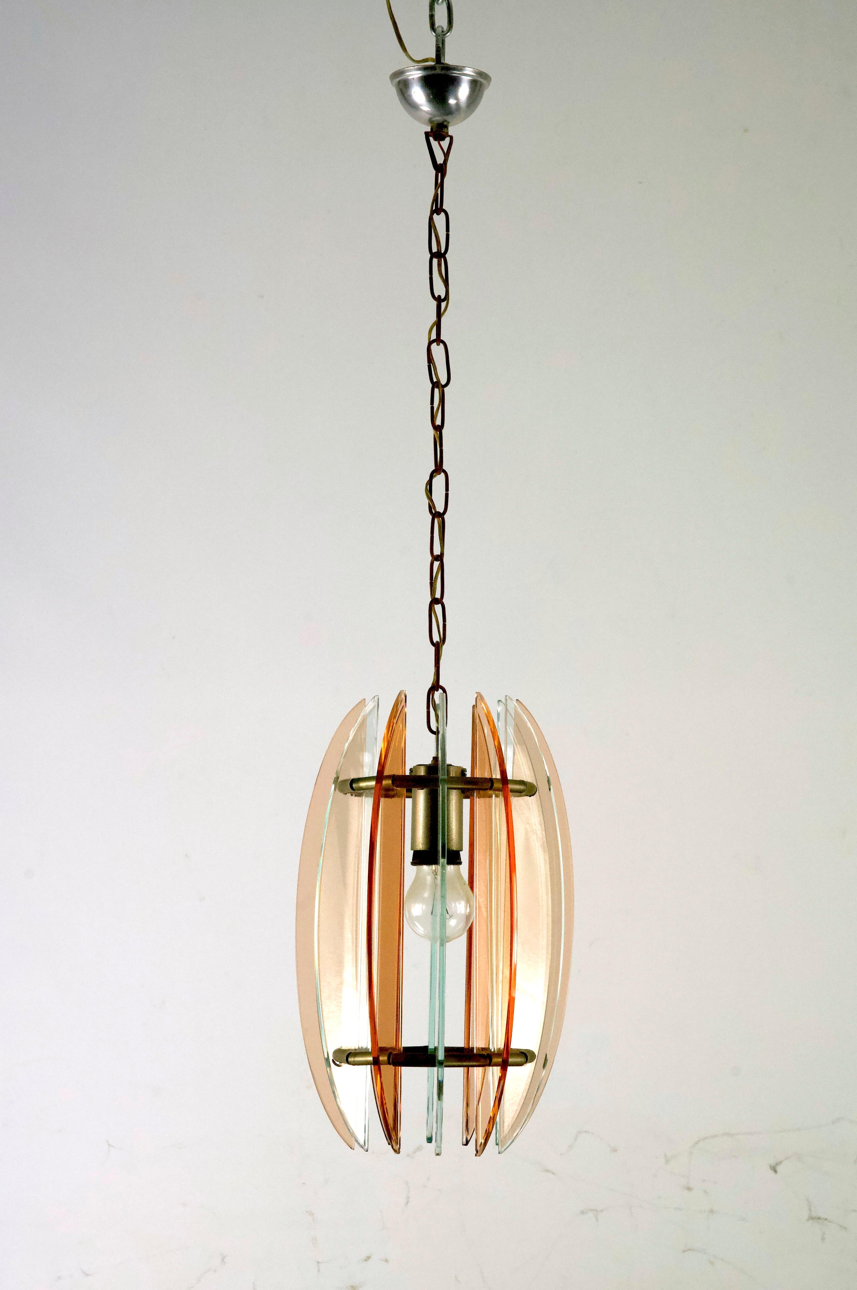 Mid-Century Italian pink and clear thick glass chandelier by Veca. Italy 1960s For Sale 4