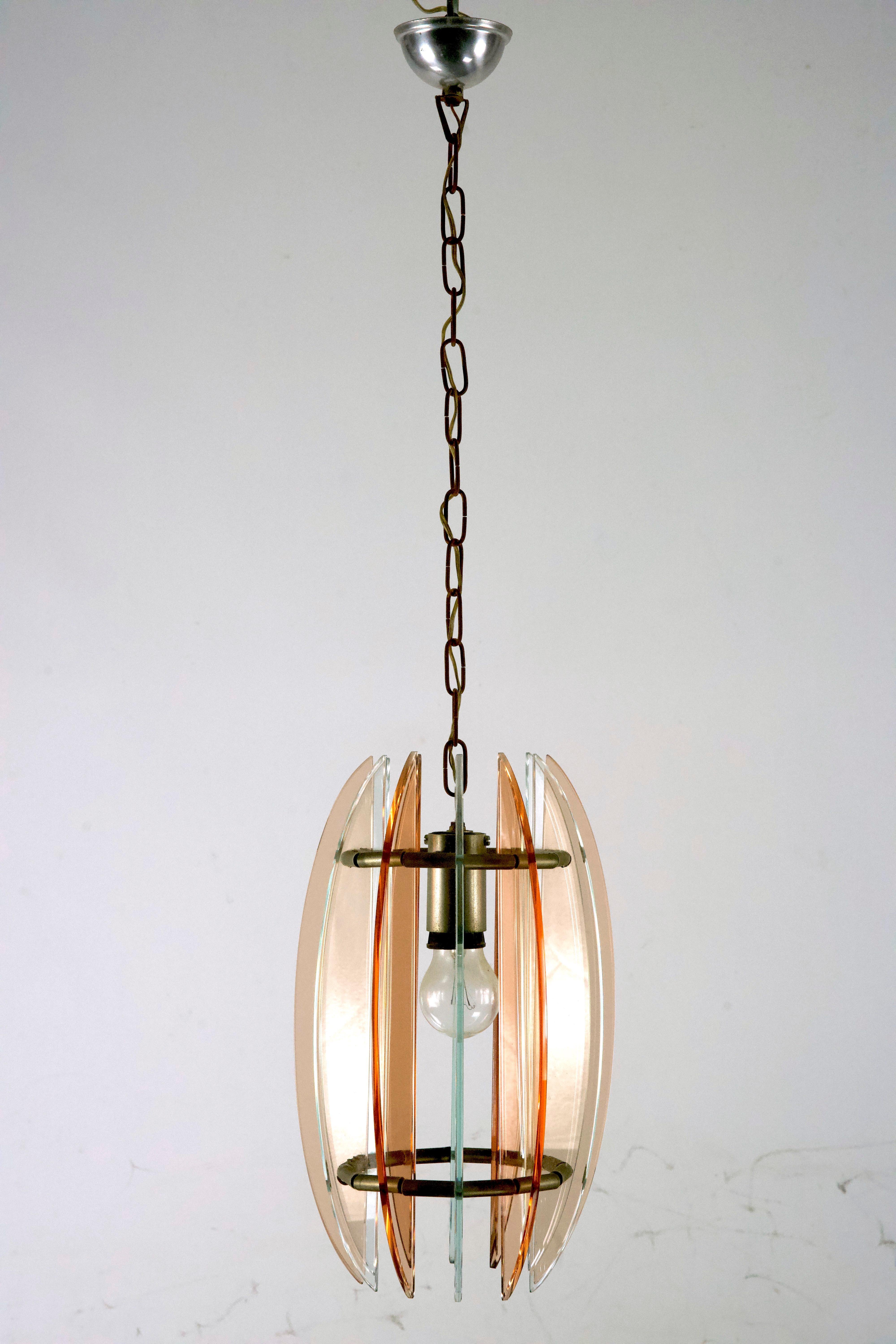 Mid-Century Modern Mid-Century Italian pink and clear thick glass chandelier by Veca. Italy 1960s For Sale