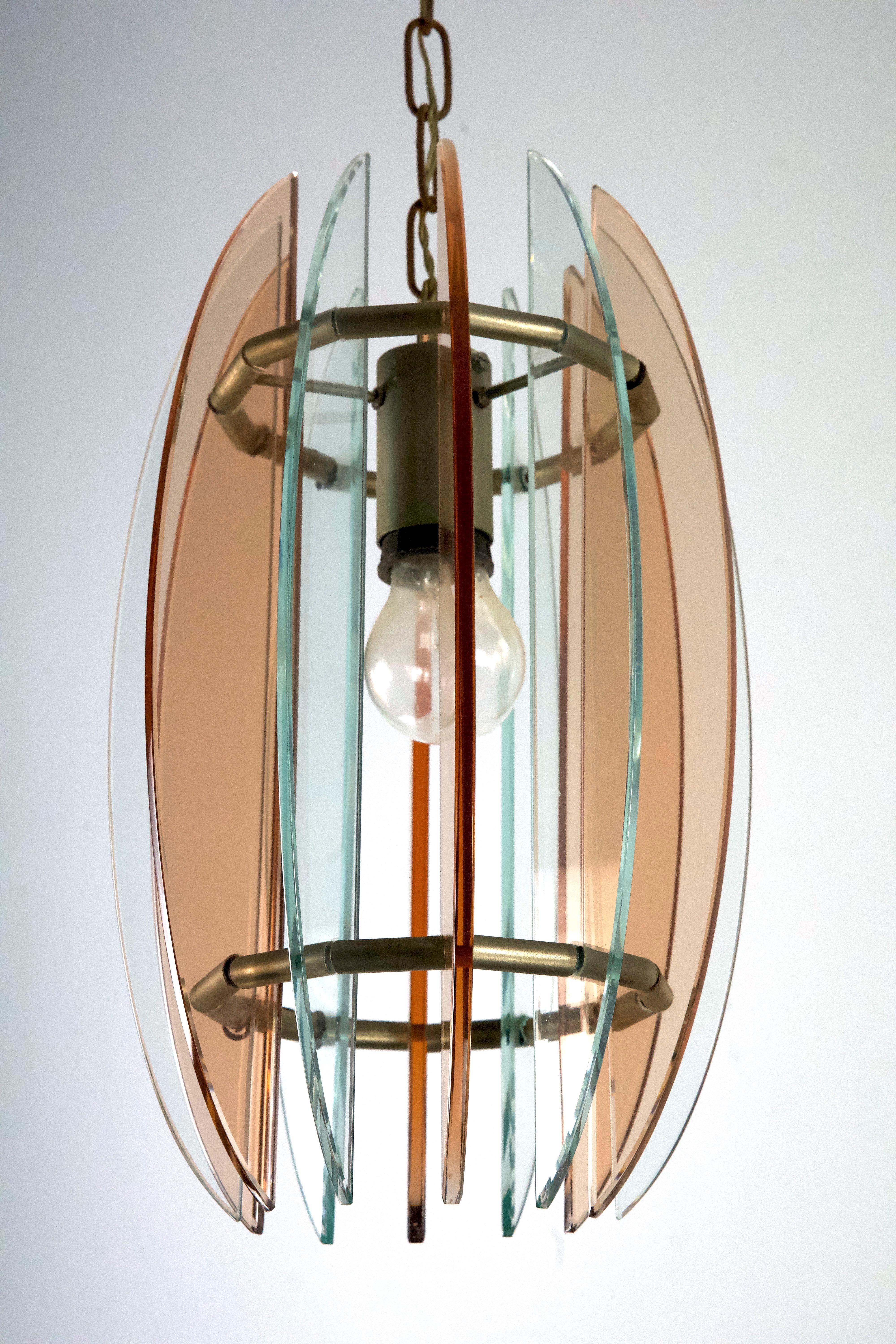 Glass Mid-Century Italian pink and clear thick glass chandelier by Veca. Italy 1960s For Sale