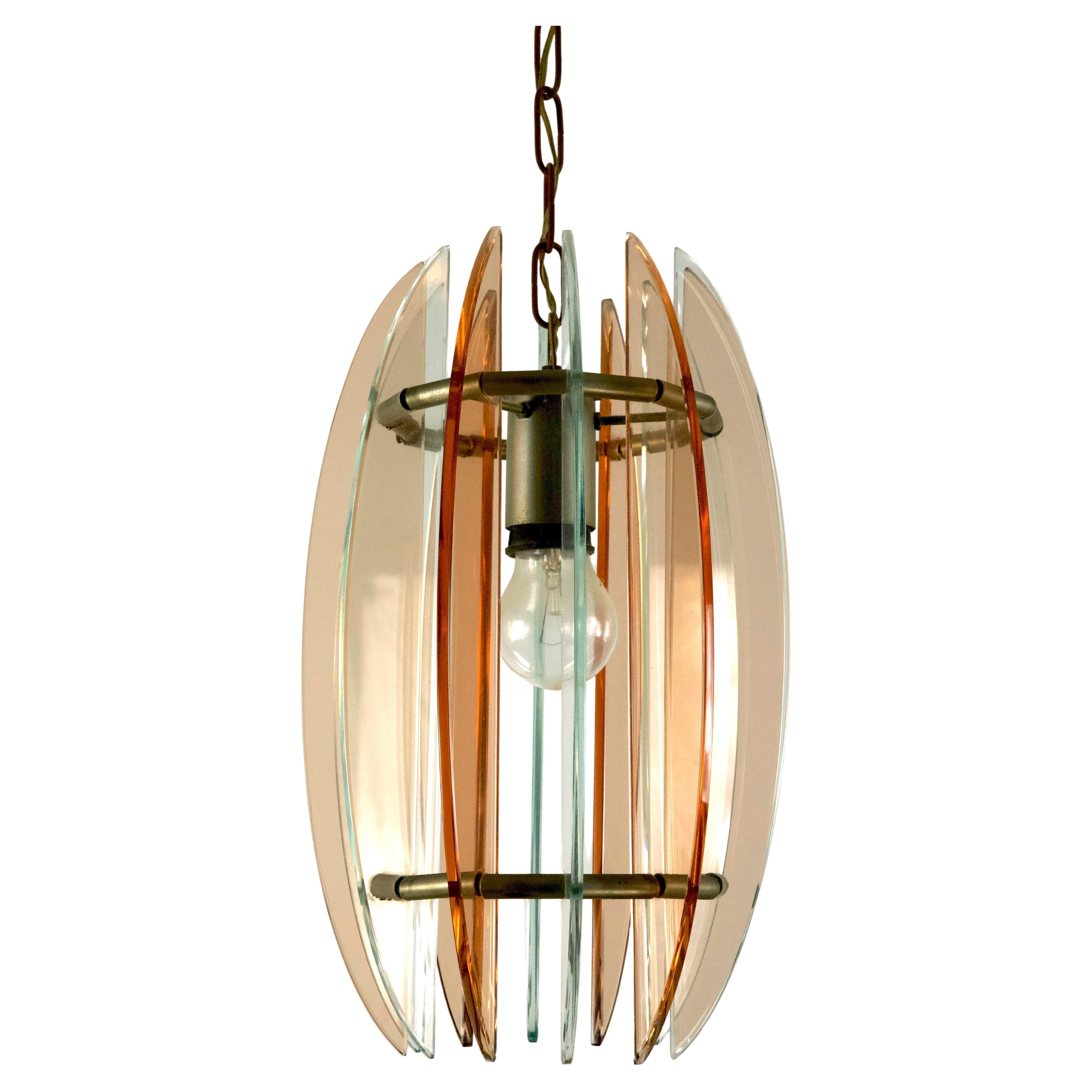 Mid-Century Italian pink and clear thick glass chandelier by Veca. Italy 1960s