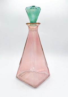 Mid-Century Italian Pink Glass Decanter with Green Stopper