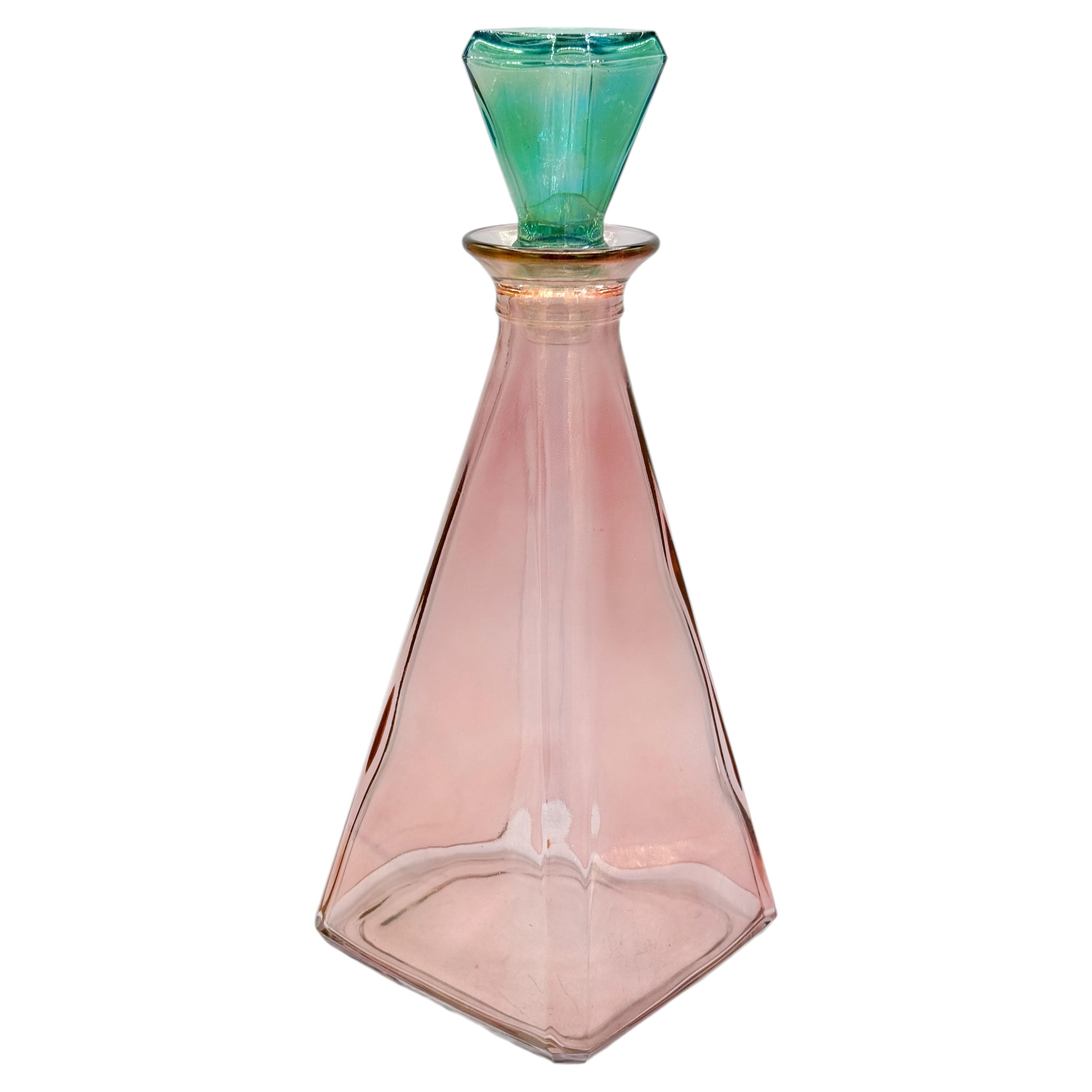 Mid-Century Italian Pink Glass Decanter with Green Stopper