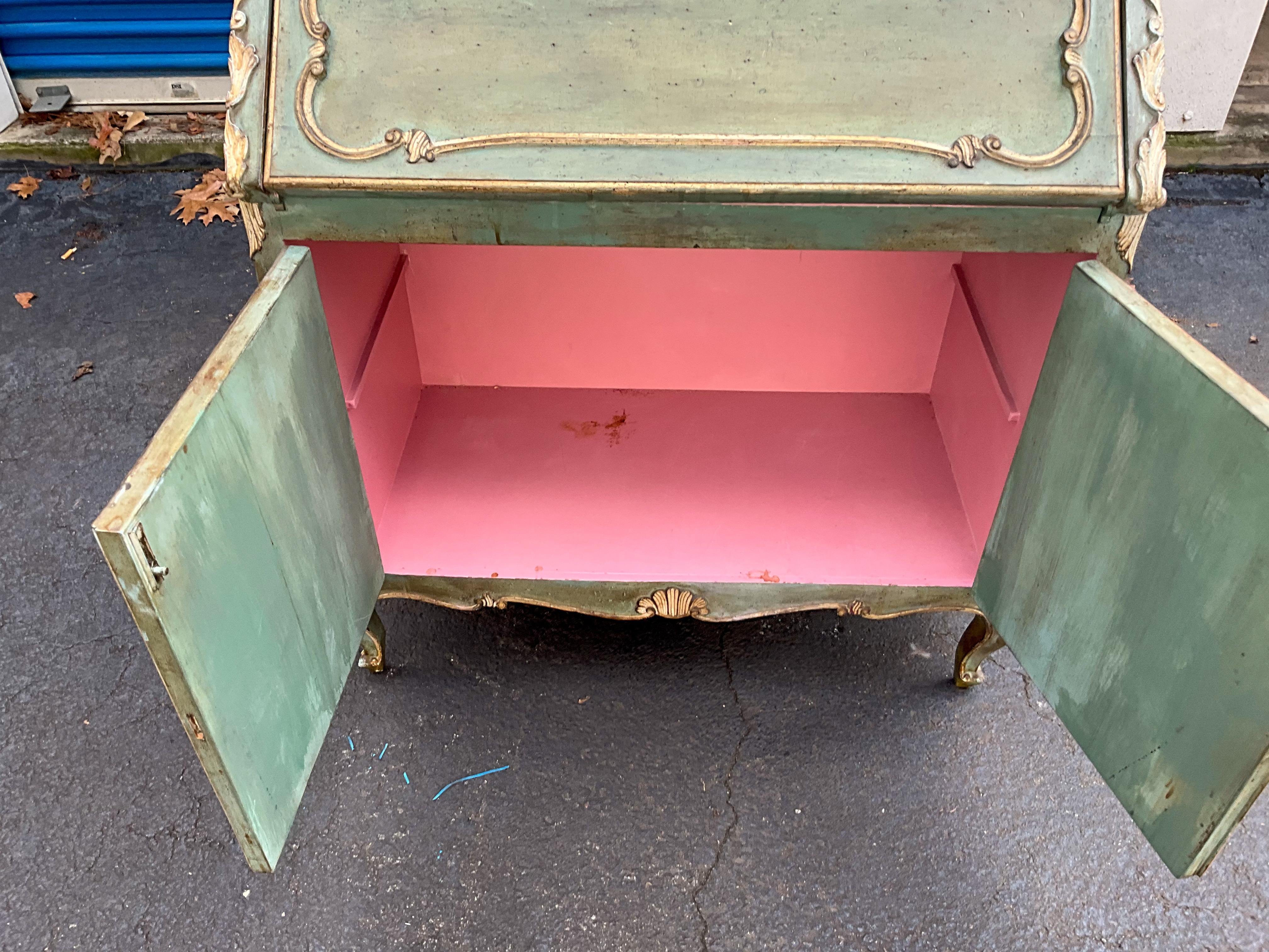 French Provincial Mid-Century Italian Pink / Green Painted French Style Secretary Desk 