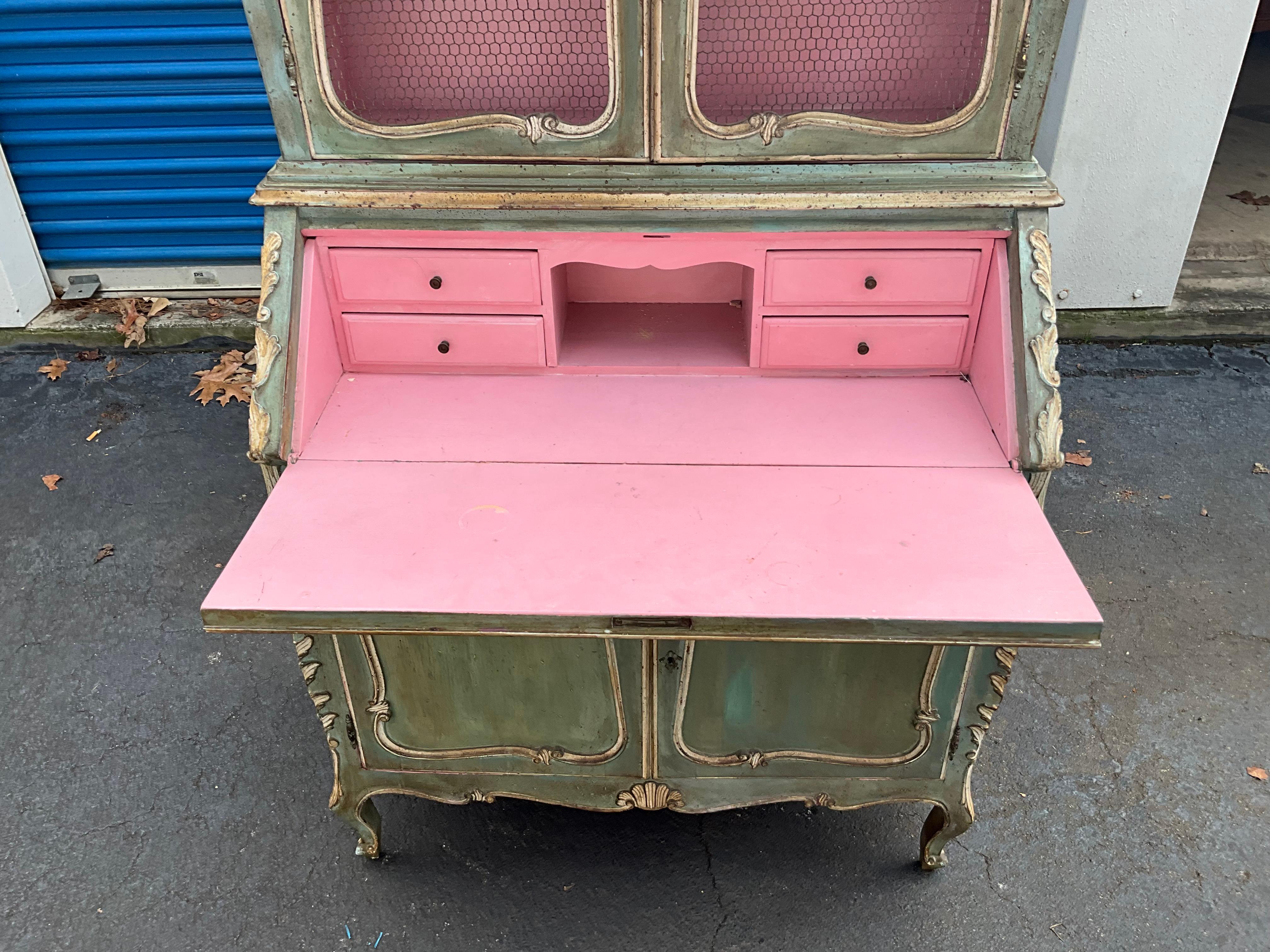 Mid-Century Italian Pink / Green Painted French Style Secretary Desk  In Good Condition In Kennesaw, GA