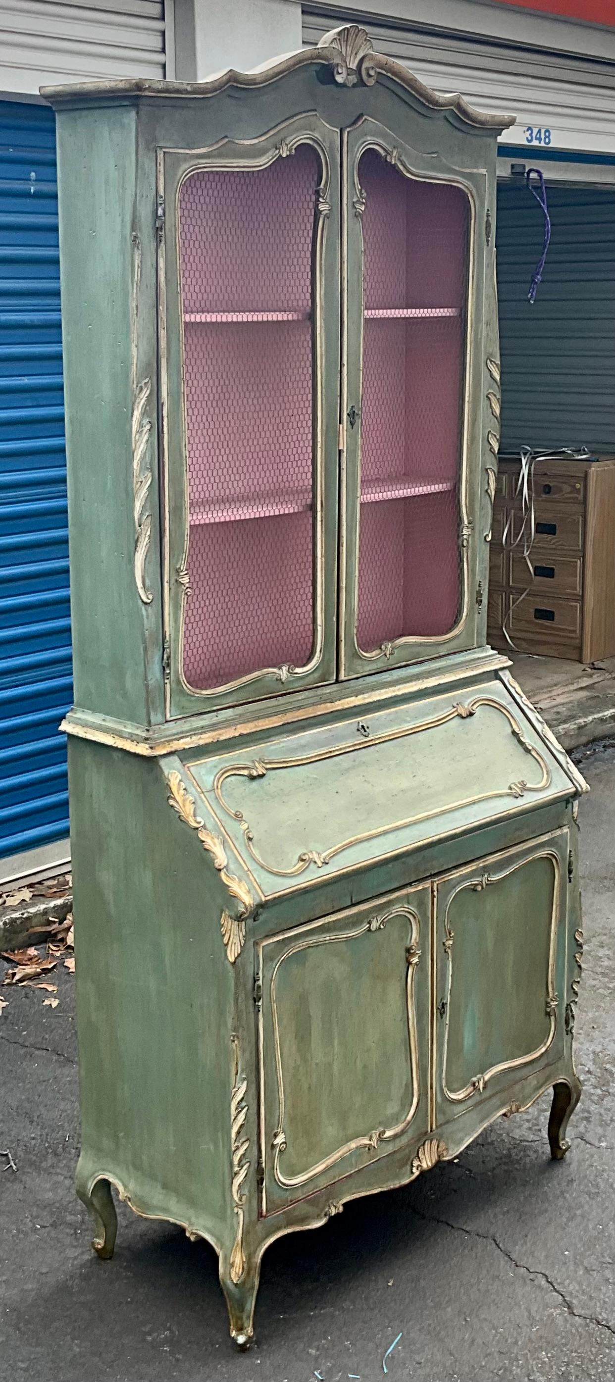 Metal Mid-Century Italian Pink / Green Painted French Style Secretary Desk