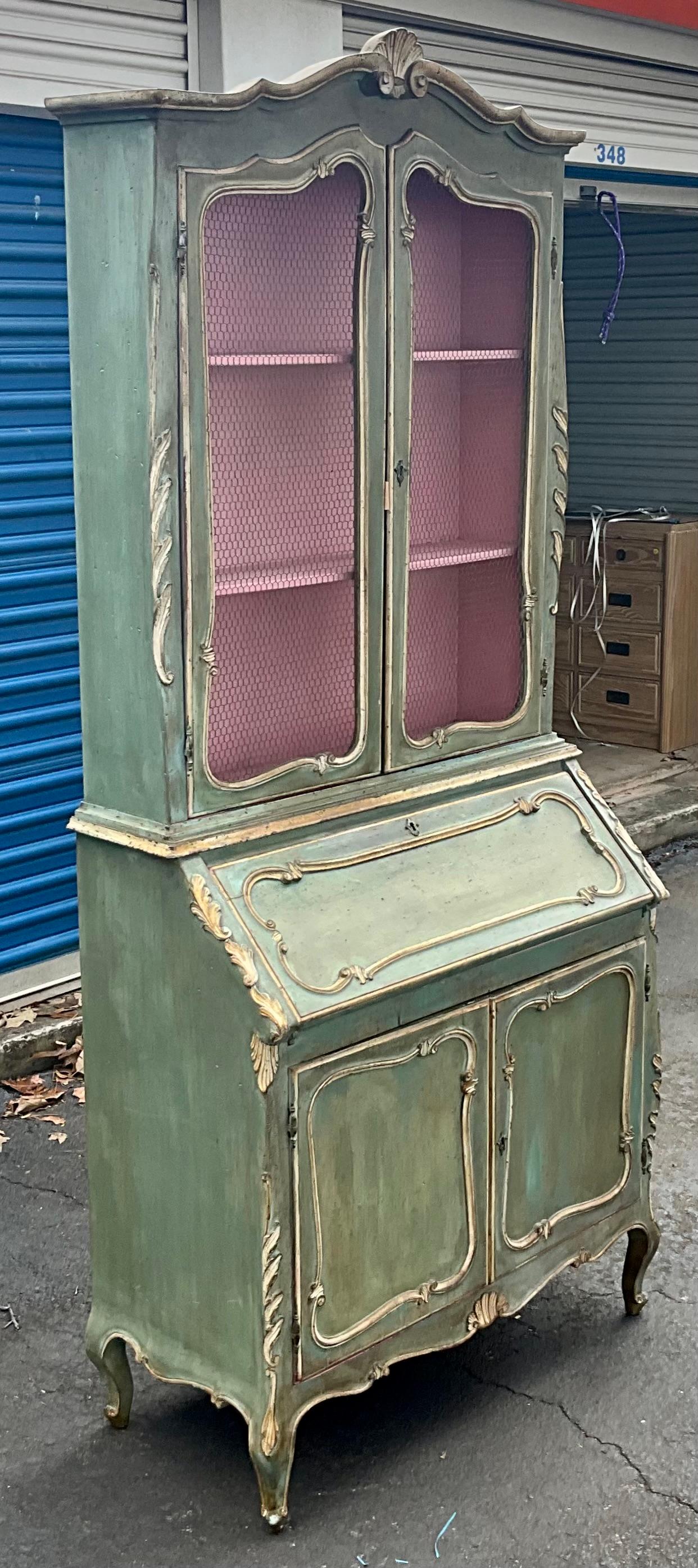 Metal Mid-Century Italian Pink / Green Painted French Style Secretary Desk 