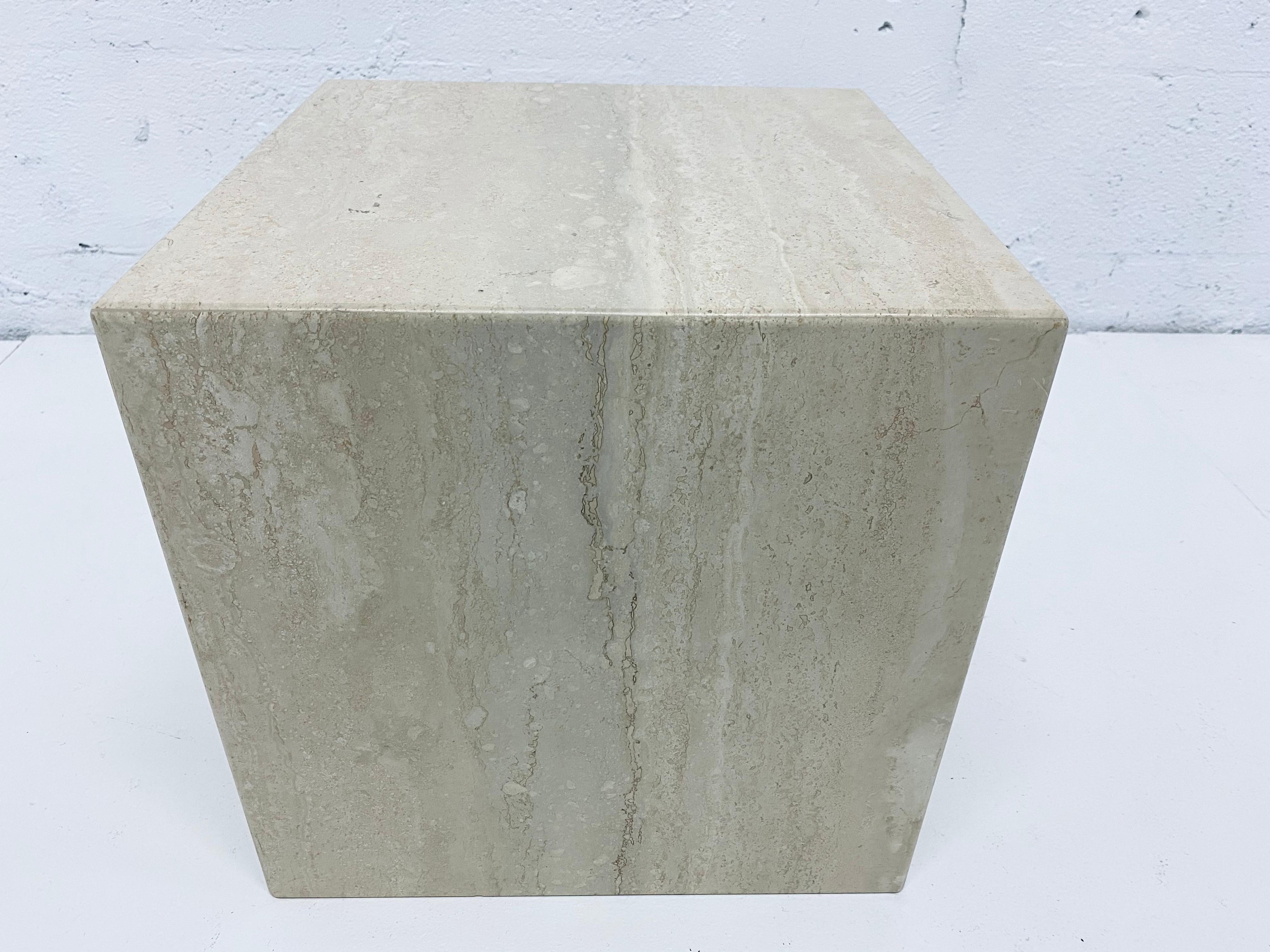 Midcentury Italian Polished Travertine Cube Side Table, 1970s In Good Condition In Miami, FL