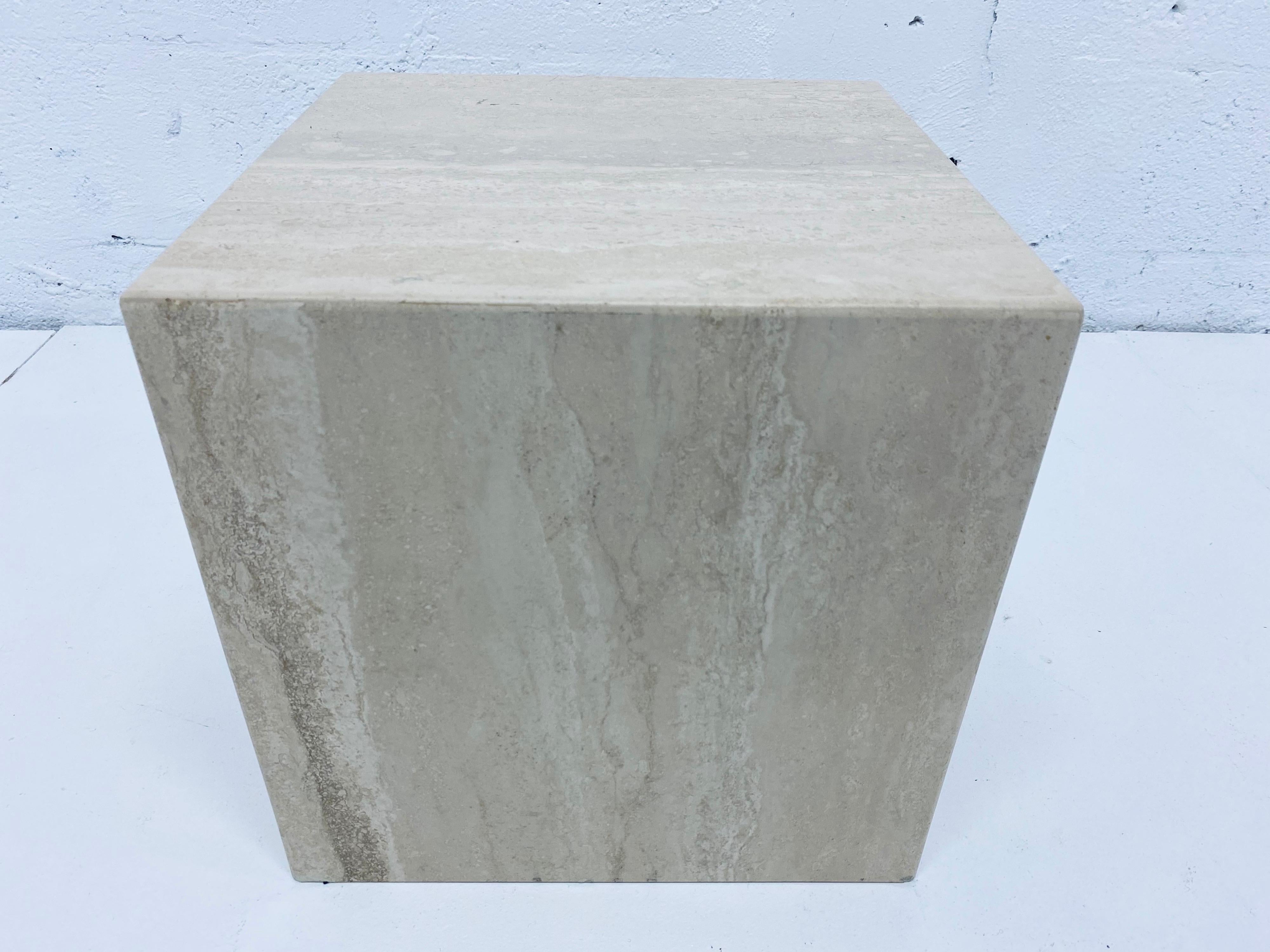 Late 20th Century Midcentury Italian Polished Travertine Cube Side Table, 1970s