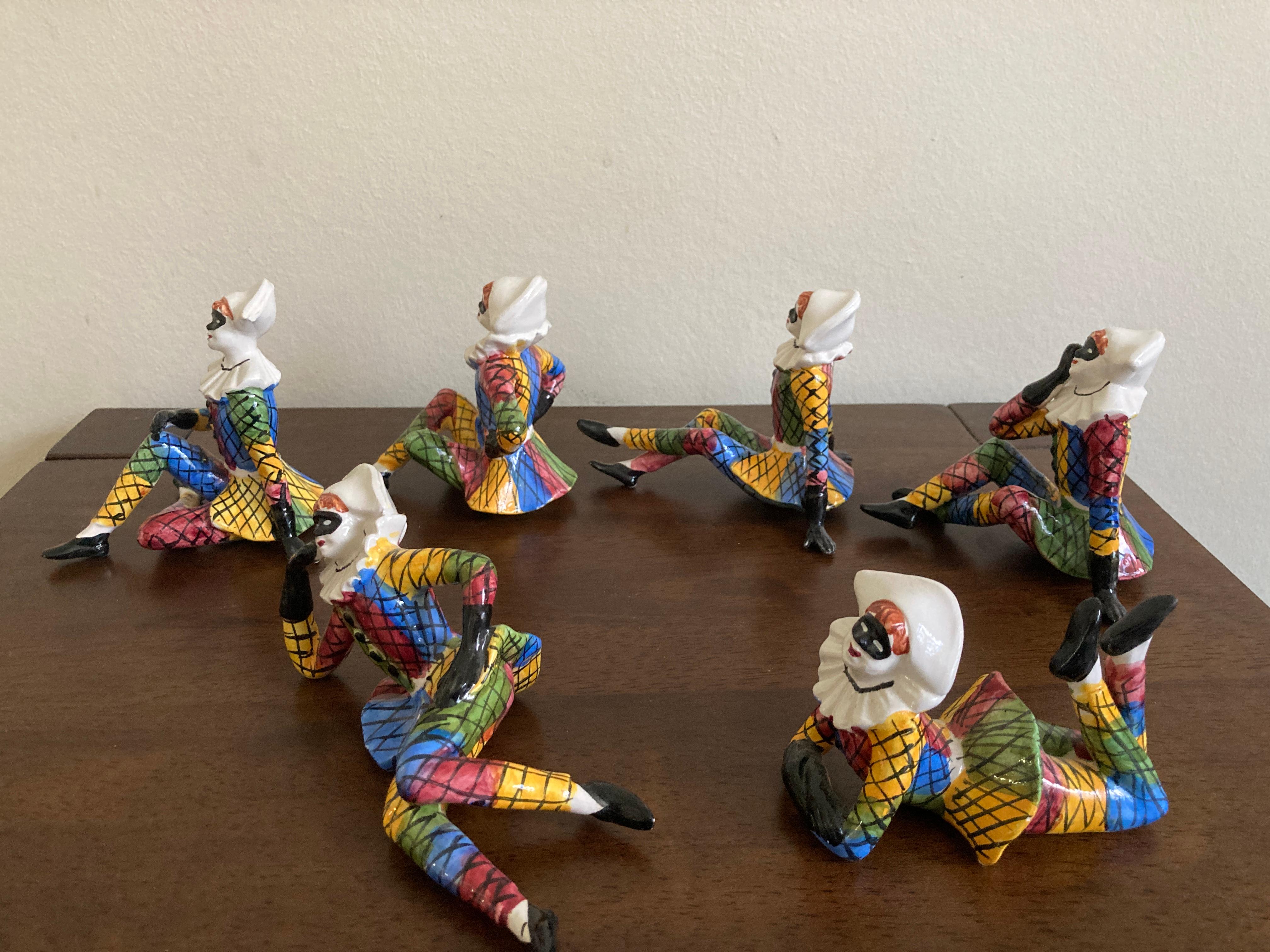 Hand-Painted Mid Century Italian Porcelain Harlequin Figurines For Sale
