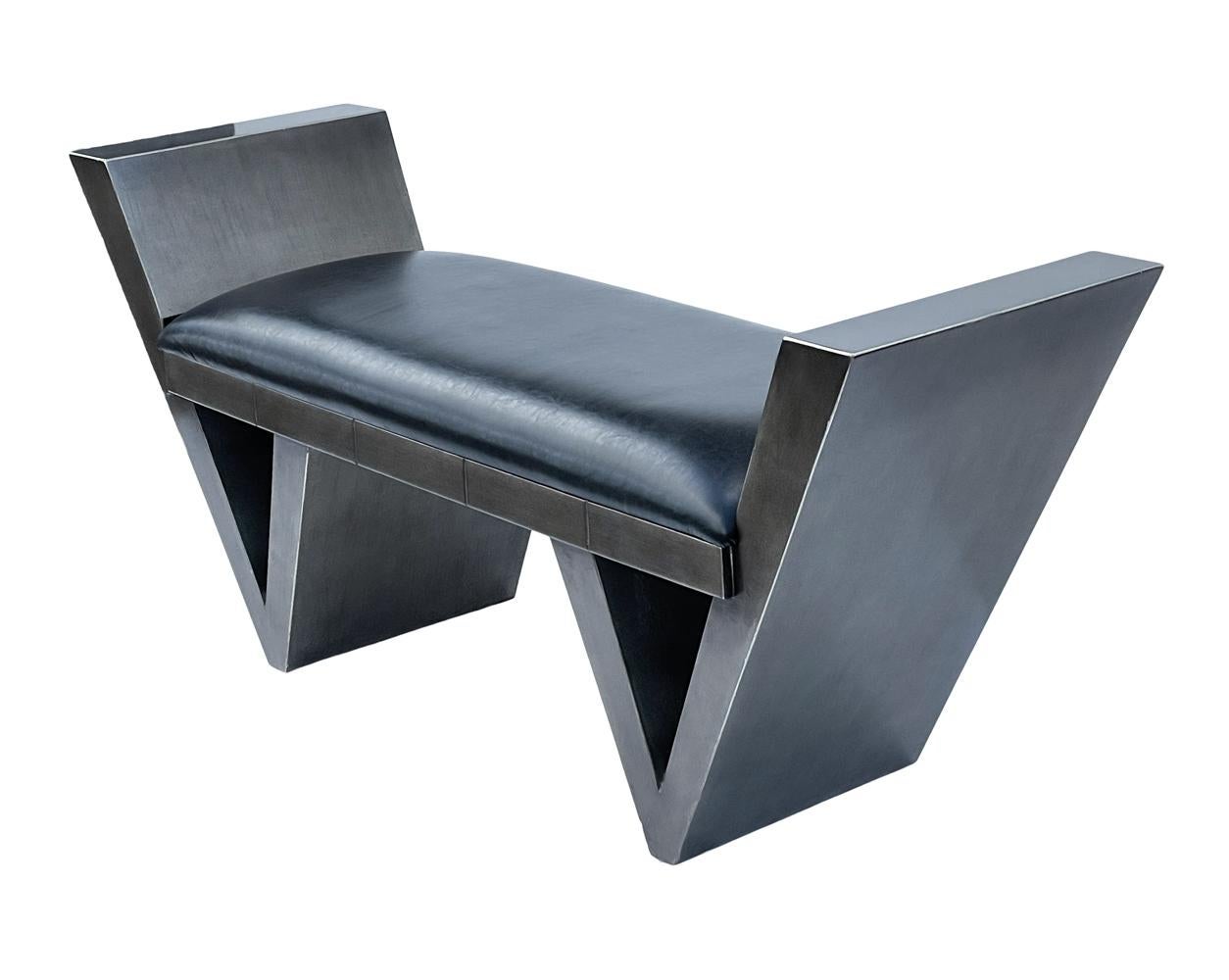 Mid-Century Italian Post Modern Bench in Gunmetal and Black Colors In Good Condition For Sale In Philadelphia, PA