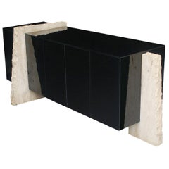 Mid Century Italian Post Modern Black Lacquer & Travertine Cabinet or Credenza