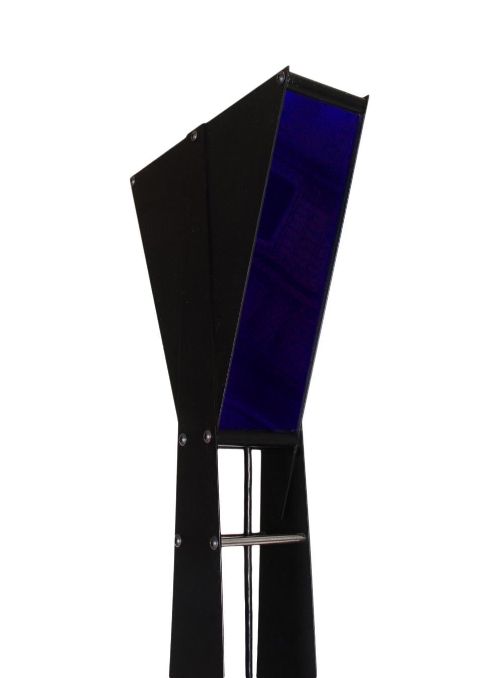 Metal Midcentury Italian Postmodern Black Torchiere Floor Lamp and Cobalt Blue Glass