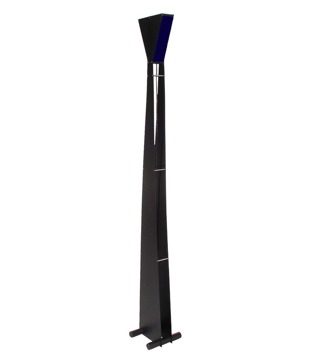 Midcentury Italian Postmodern Black Torchiere Floor Lamp and Cobalt Blue Glass 1