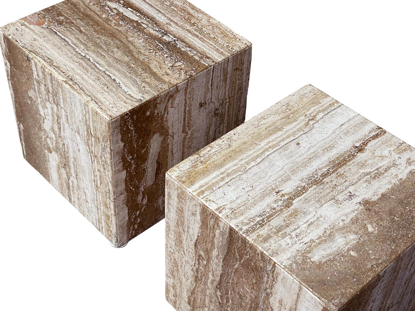 Post-Modern Midcentury Italian Post Modern Dark Travertine Cube End Tables or Coffee Table For Sale