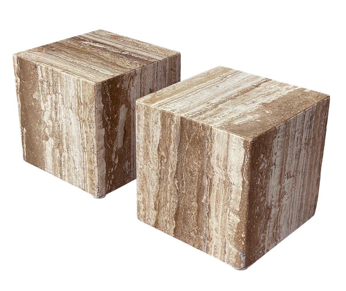 Midcentury Italian Post Modern Dark Travertine Cube End Tables or Coffee Table In Good Condition For Sale In Philadelphia, PA