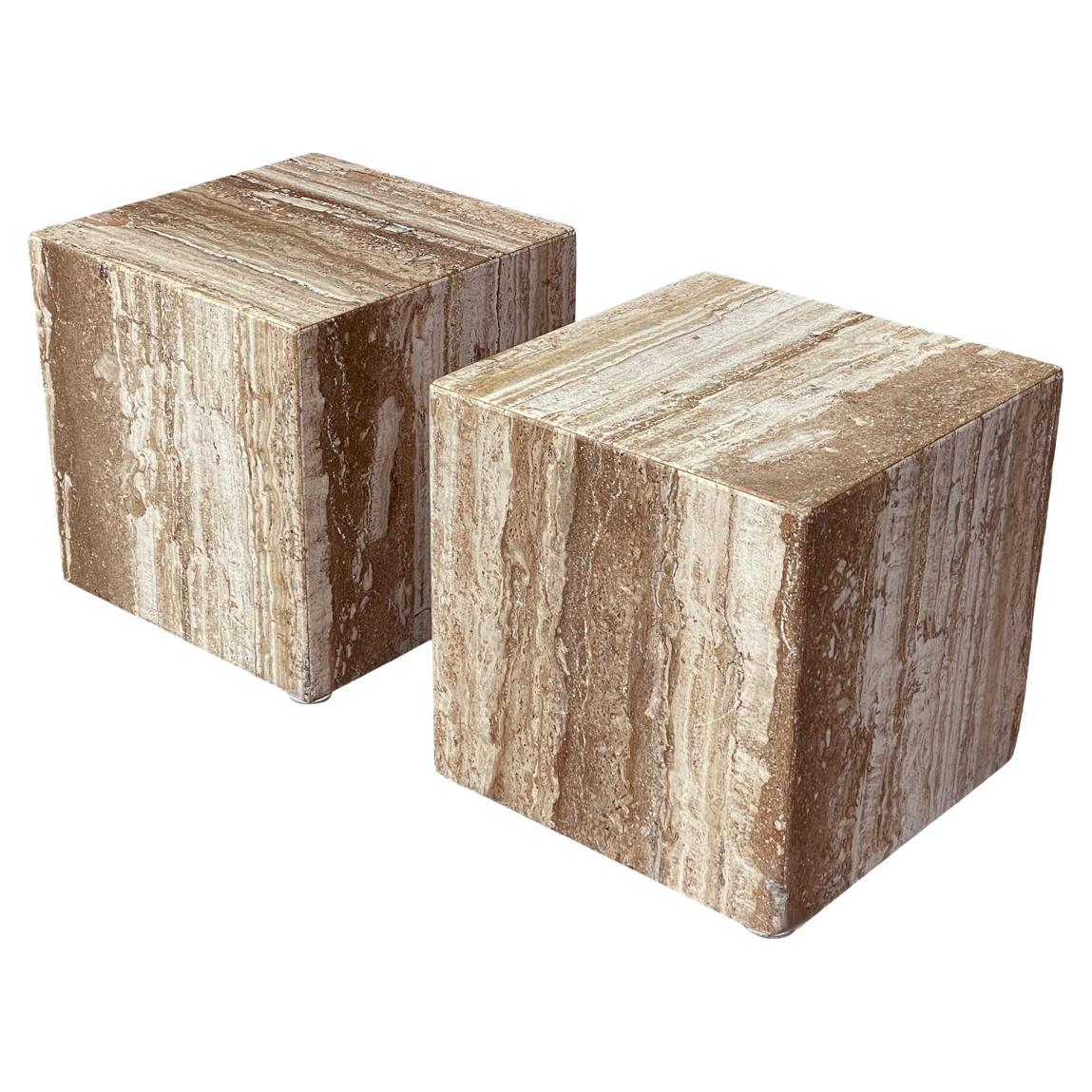 Midcentury Italian Post Modern Dark Travertine Cube End Tables or Coffee Table For Sale