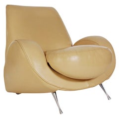 Midcentury Italian Postmodern Funky Lounge Chair in Cream Colored Leather