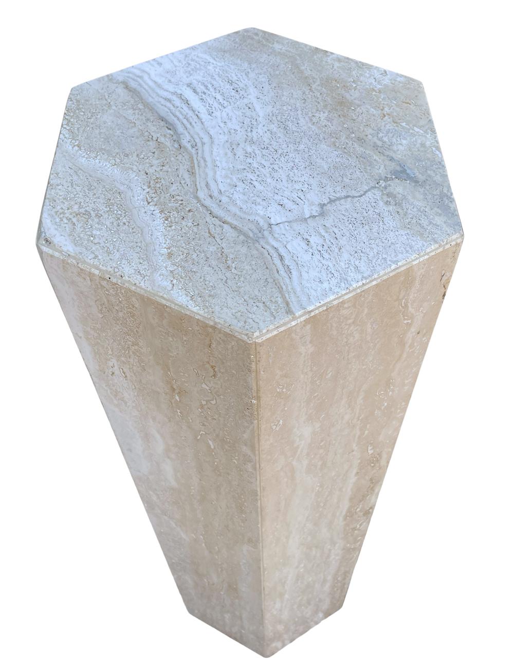 Midcentury Italian Post Modern Hexagonal Travertine Marble Pedestal In Good Condition In Philadelphia, PA