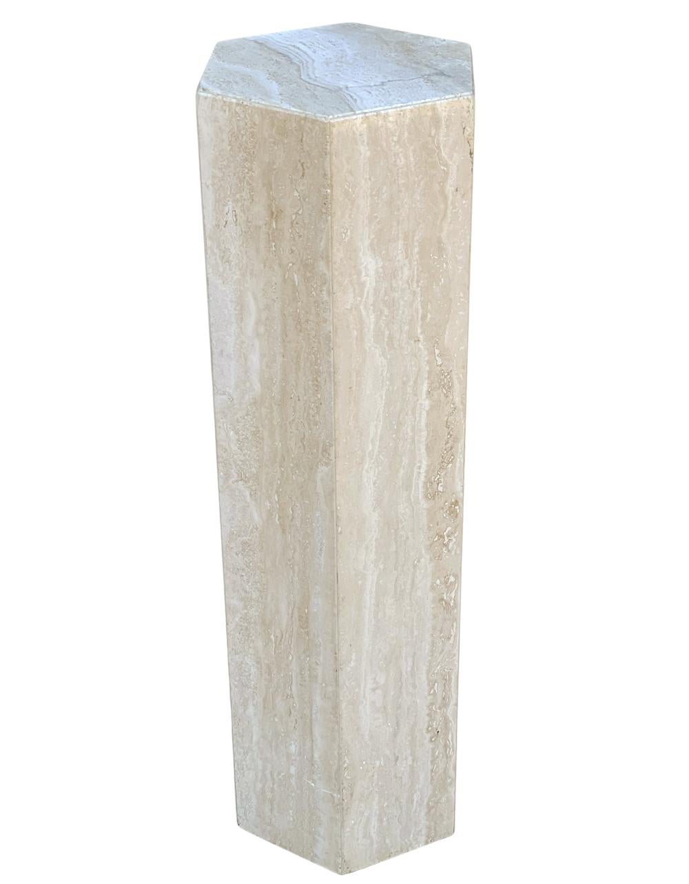 Midcentury Italian Post Modern Hexagonal Travertine Marble Pedestal 1