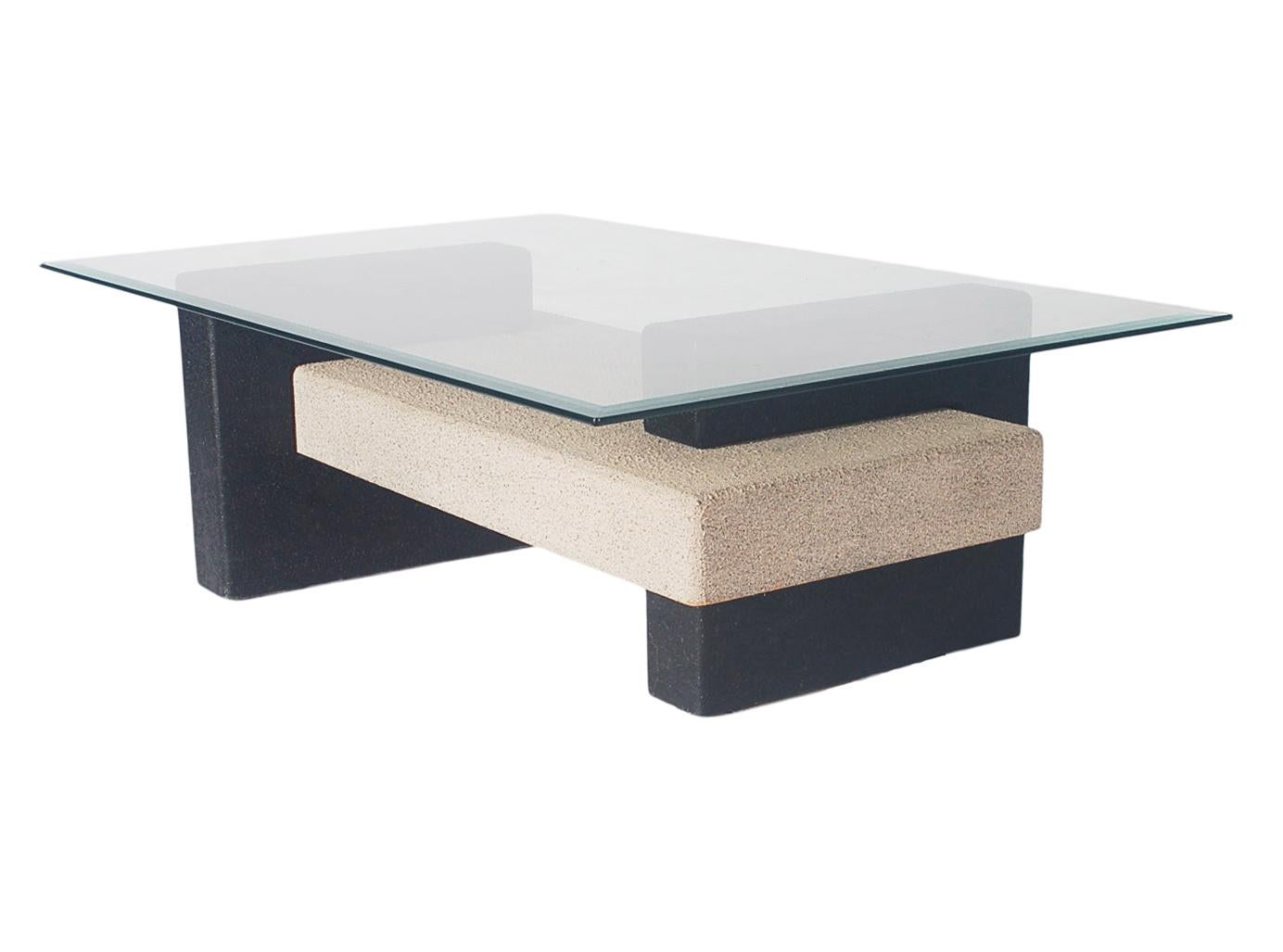 Sleek post modern design from Italy circa early 90's. Textured resin over wood with clear glass top. 