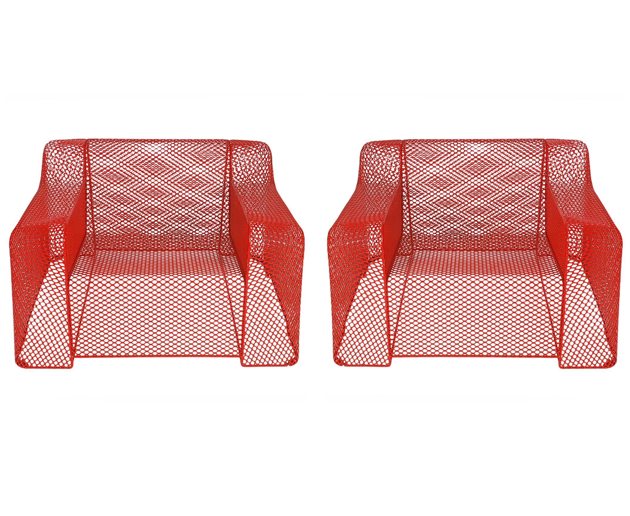 Late 20th Century Midcentury Italian Postmodern Red Mesh Wire Indoor Outdoor Patio Lounge Chairs
