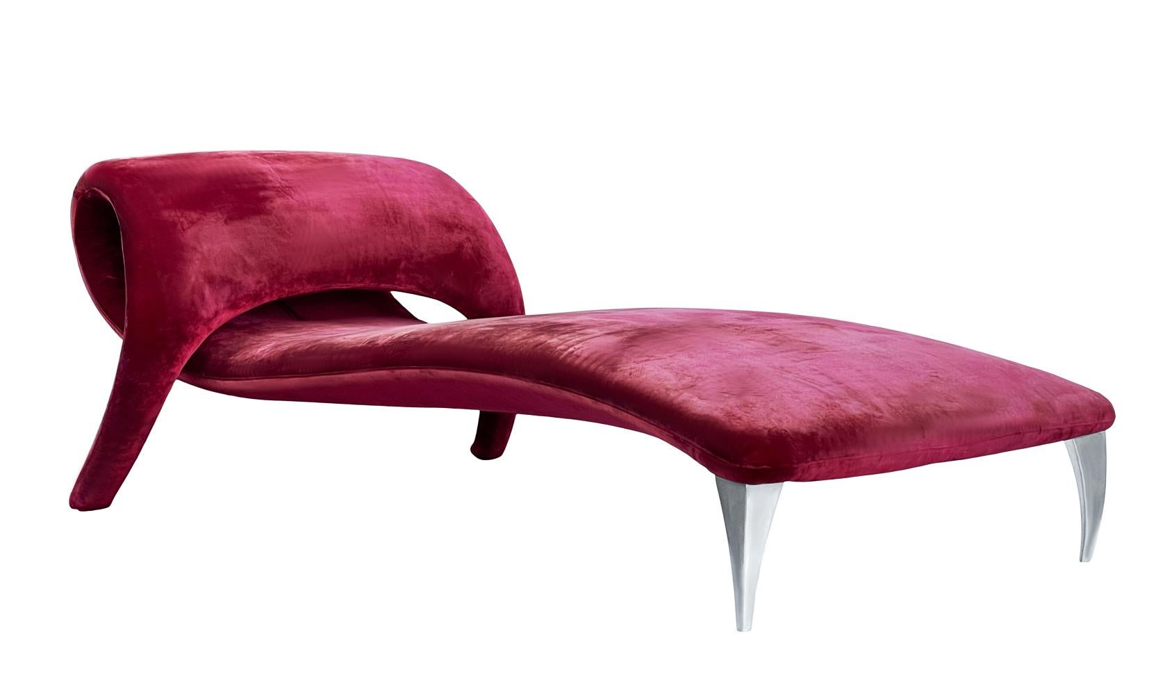 Stainless Steel Mid-Century Italian Post Modern Sculptural Chaise Lounge in Red Velvet For Sale