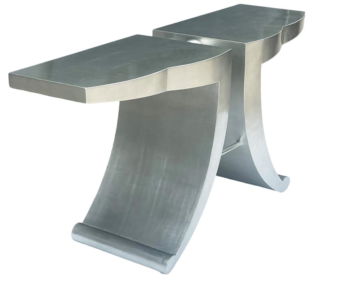 Steel Mid Century Italian Post Modern Silver Leaf Sculptural Console or Sofa Table For Sale