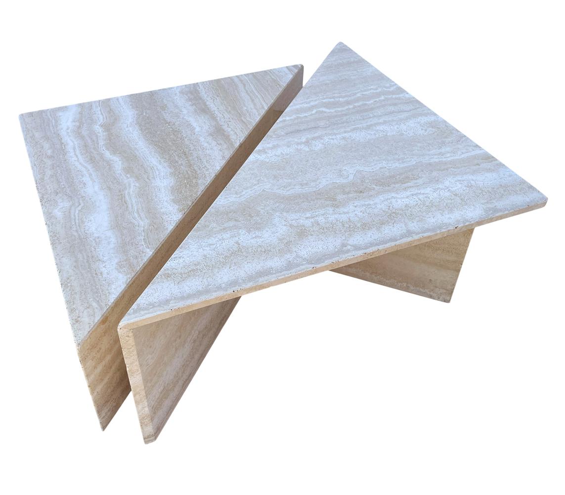 Post-Modern Midcentury Italian Post Modern Travertine Marble 2 Piece Cocktail Table For Sale