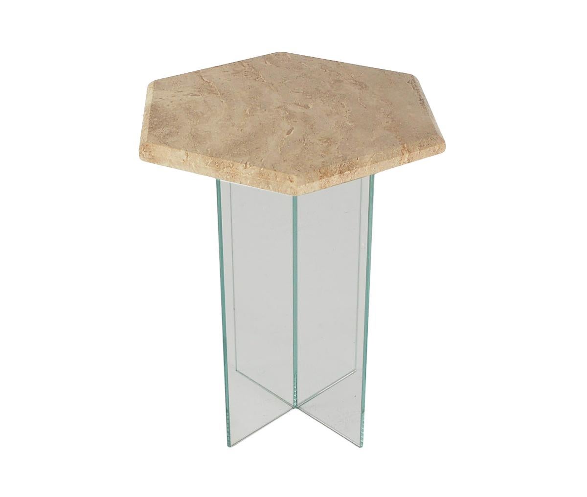 Mid Century Italian Post Modern Travertine Marble & Glass Side or End Table In Good Condition For Sale In Philadelphia, PA