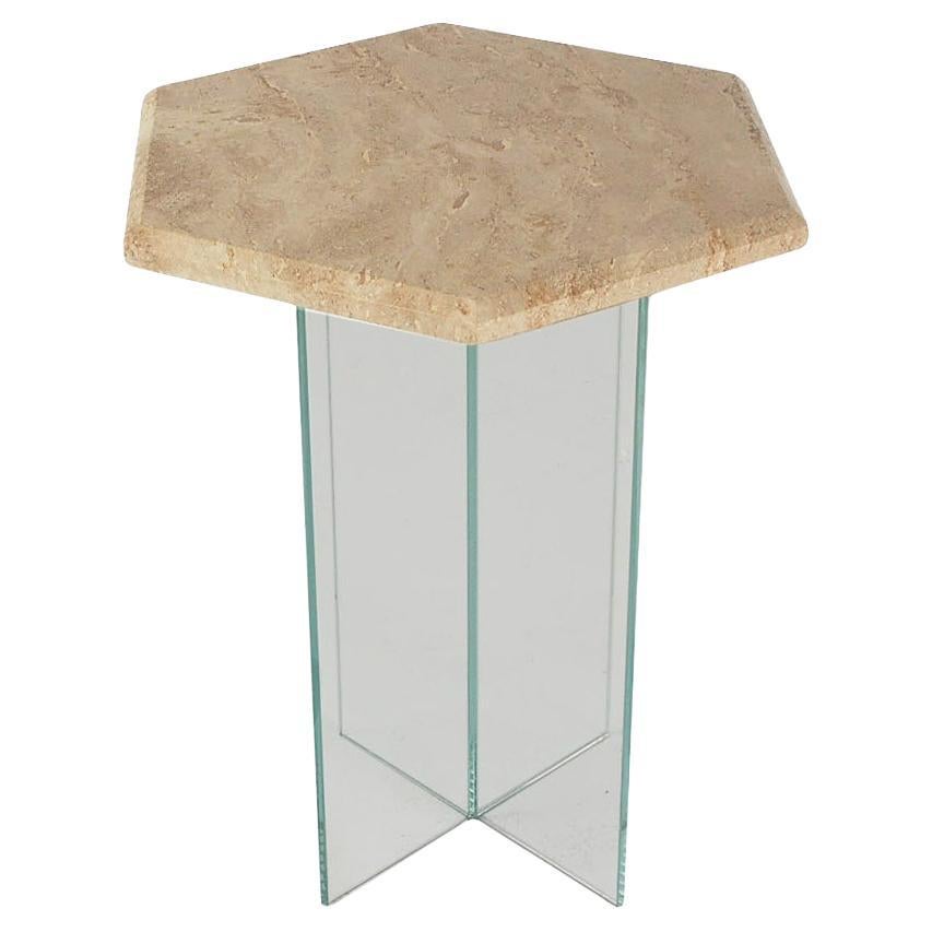 Mid Century Italian Post Modern Travertine Marble & Glass Side or End Table