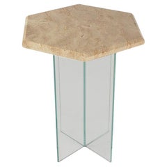 Retro Mid Century Italian Post Modern Travertine Marble & Glass Side or End Table