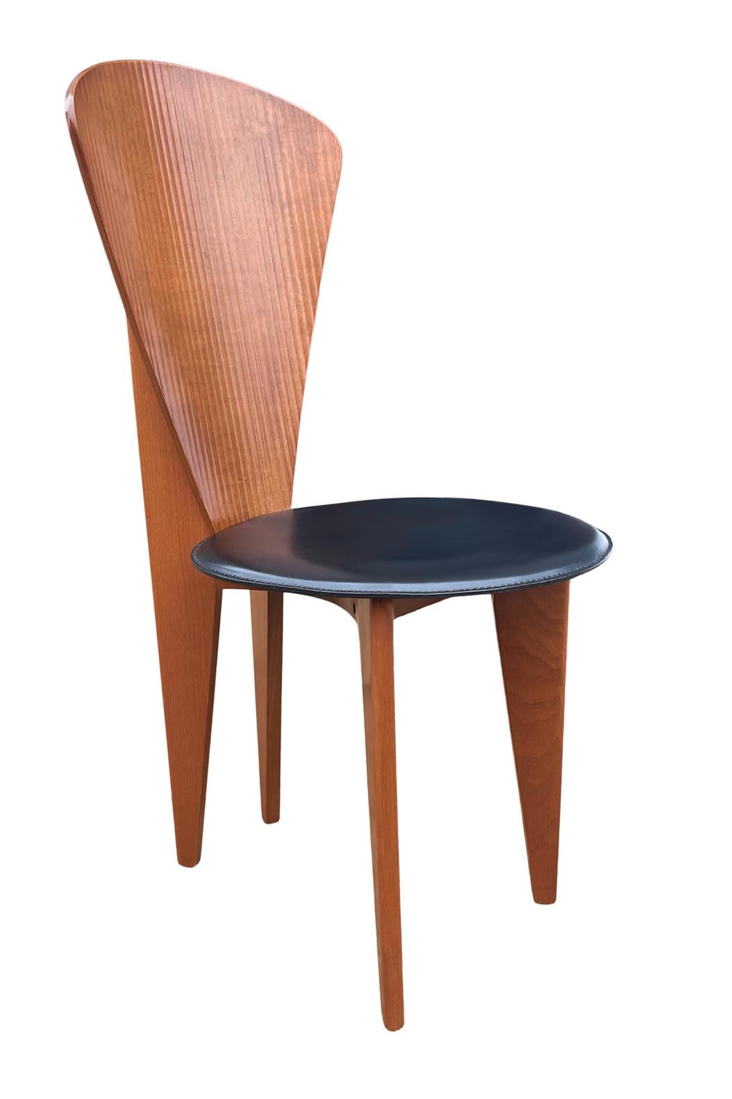 Mid Century Italian Post Modern Wood & Black Leather Dining Chairs Set 5