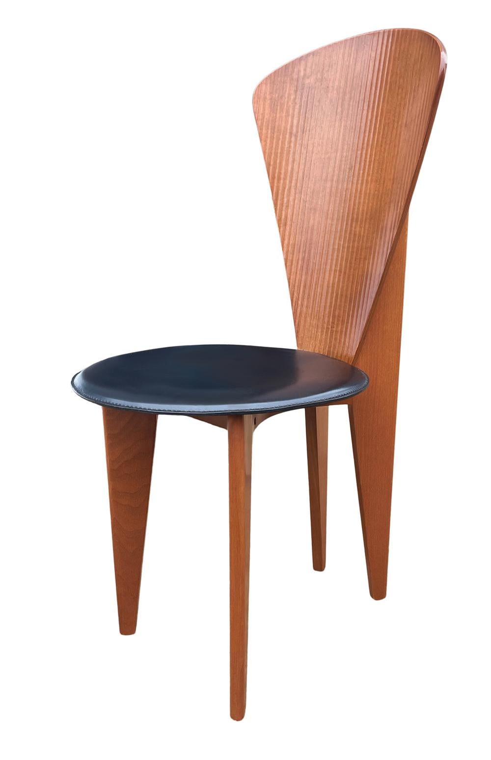 Mid Century Italian Post Modern Wood & Black Leather Dining Chairs Set 7
