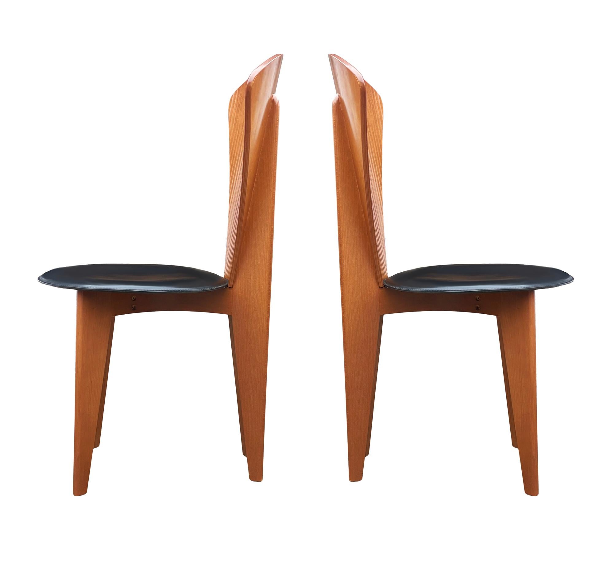 Late 20th Century Mid Century Italian Post Modern Wood & Black Leather Dining Chairs Set