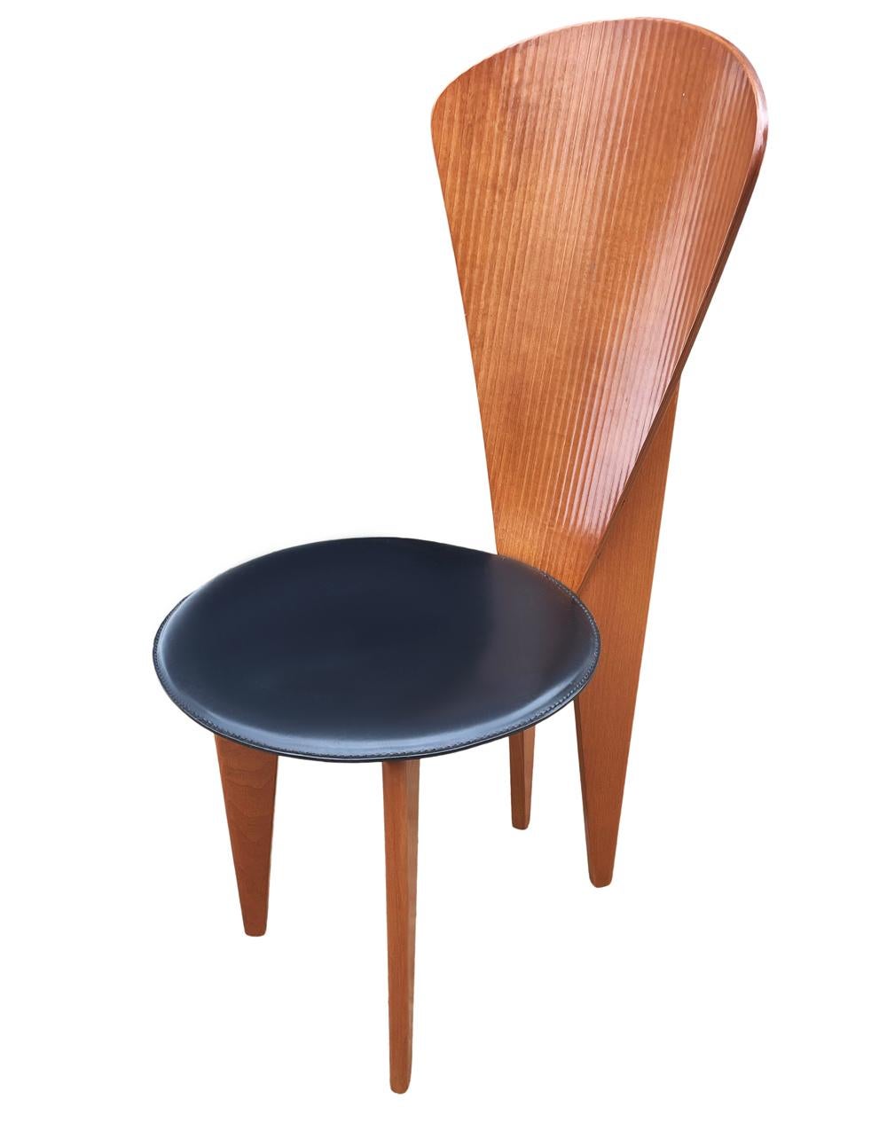 Mid Century Italian Post Modern Wood & Black Leather Dining Chairs Set 1