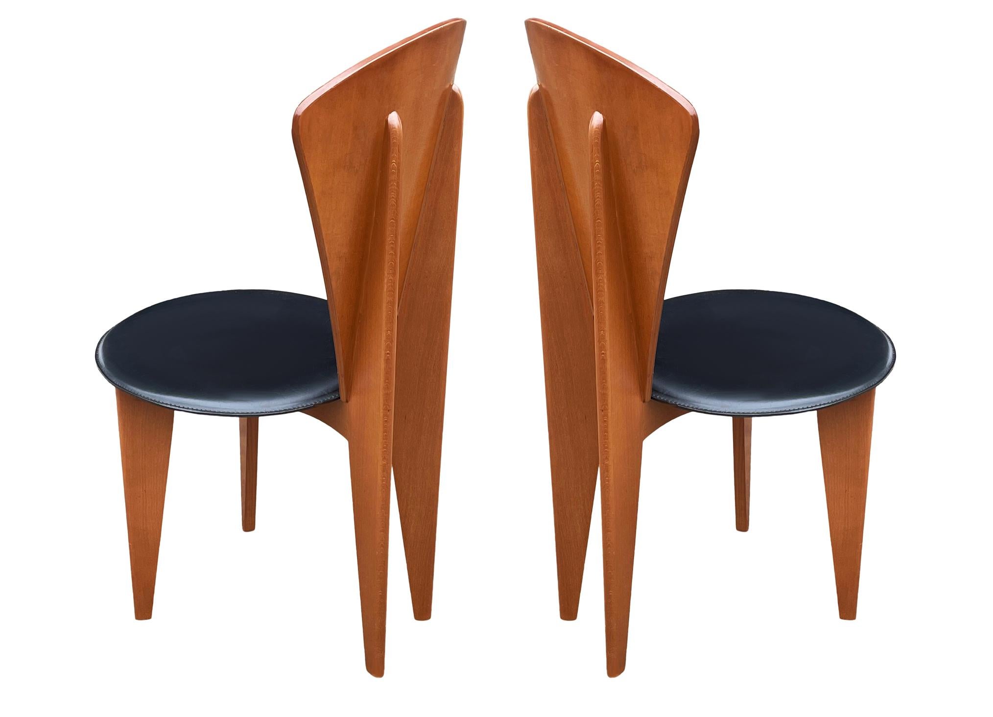 Mid Century Italian Post Modern Wood & Black Leather Dining Chairs Set 2