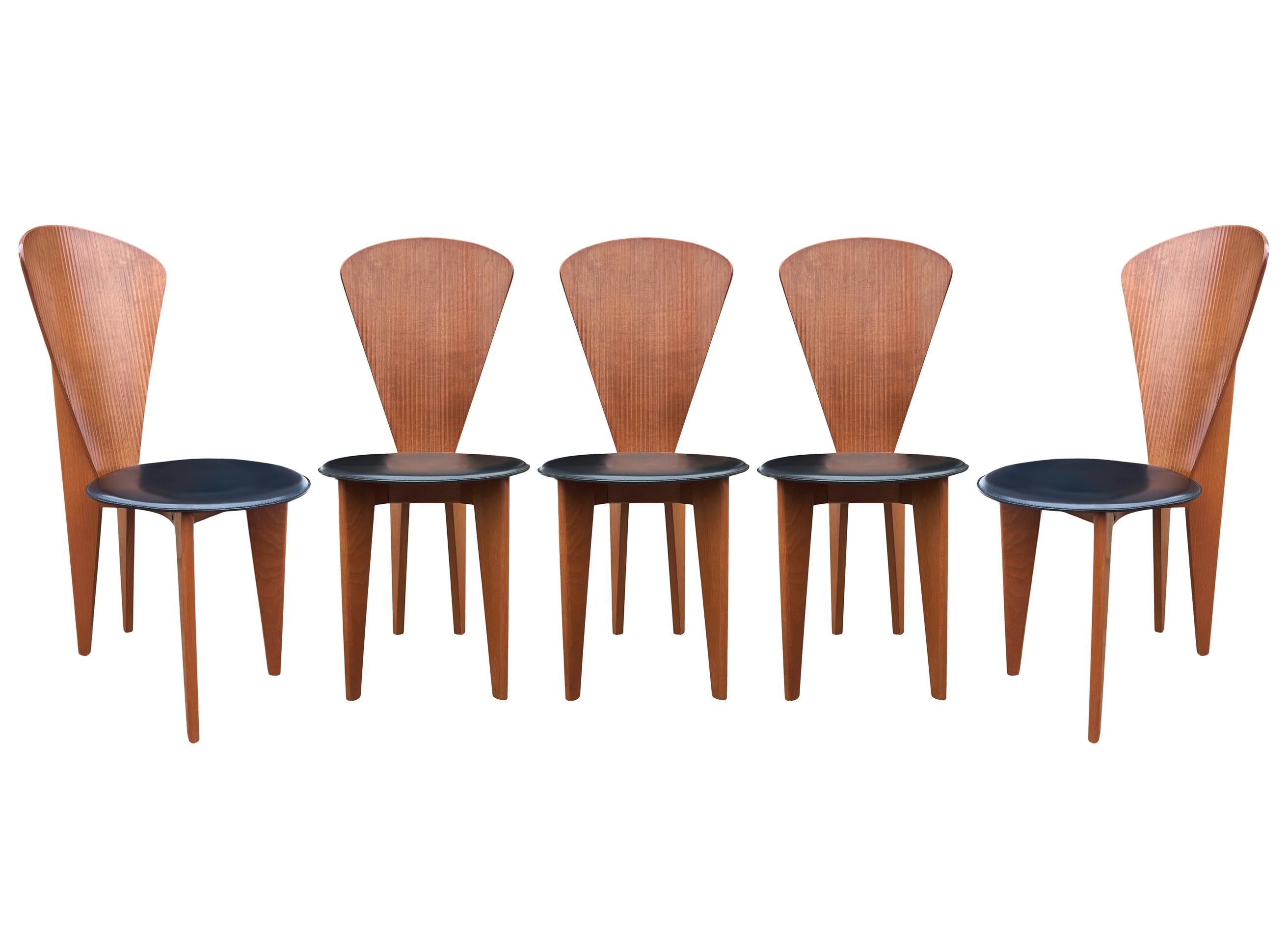 Mid Century Italian Post Modern Wood & Black Leather Dining Chairs Set 3