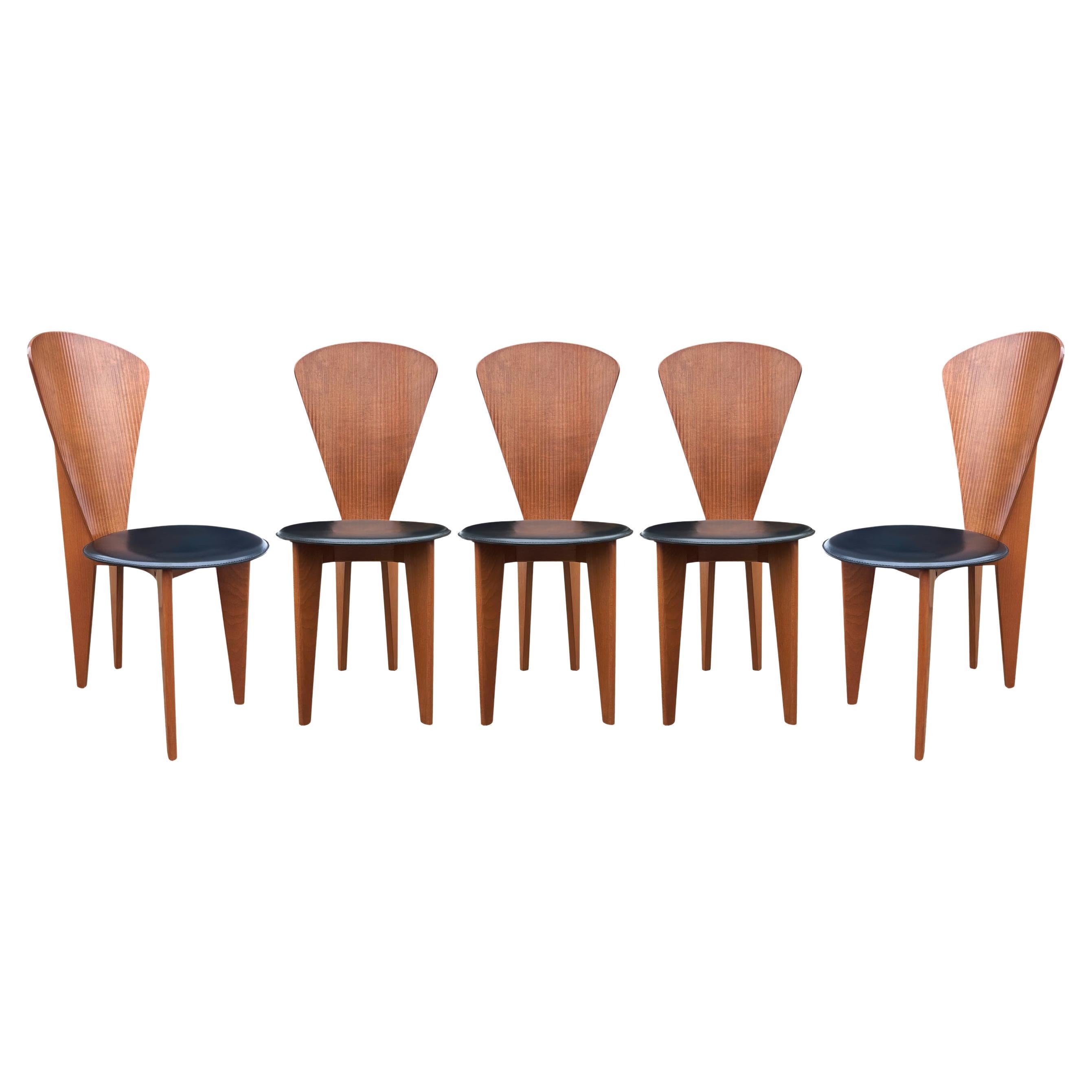 Mid Century Italian Post Modern Wood & Black Leather Dining Chairs Set