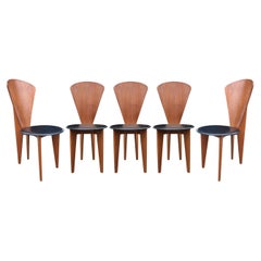 Mid Century Italian Post Modern Wood & Black Leather Dining Chairs Set