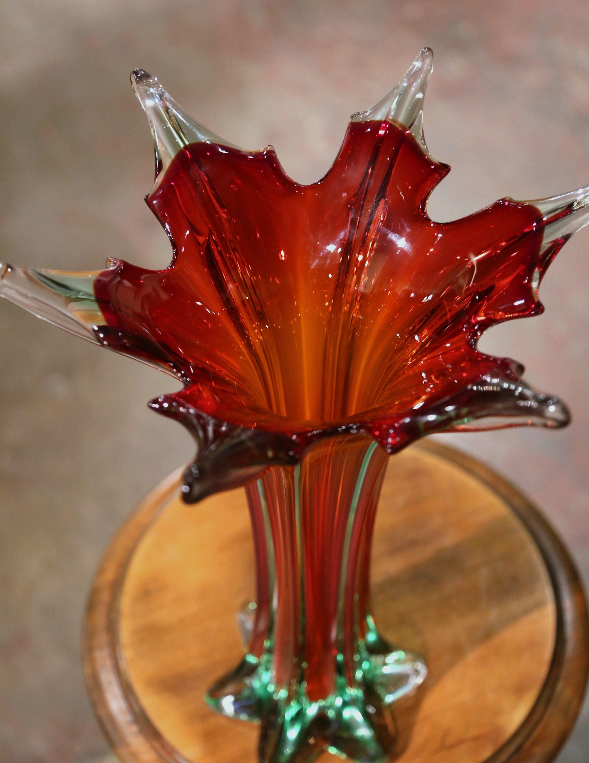Blown Glass Mid-Century Italian Pulled Feathered Two-Tone Red and Clear Glass Vase For Sale