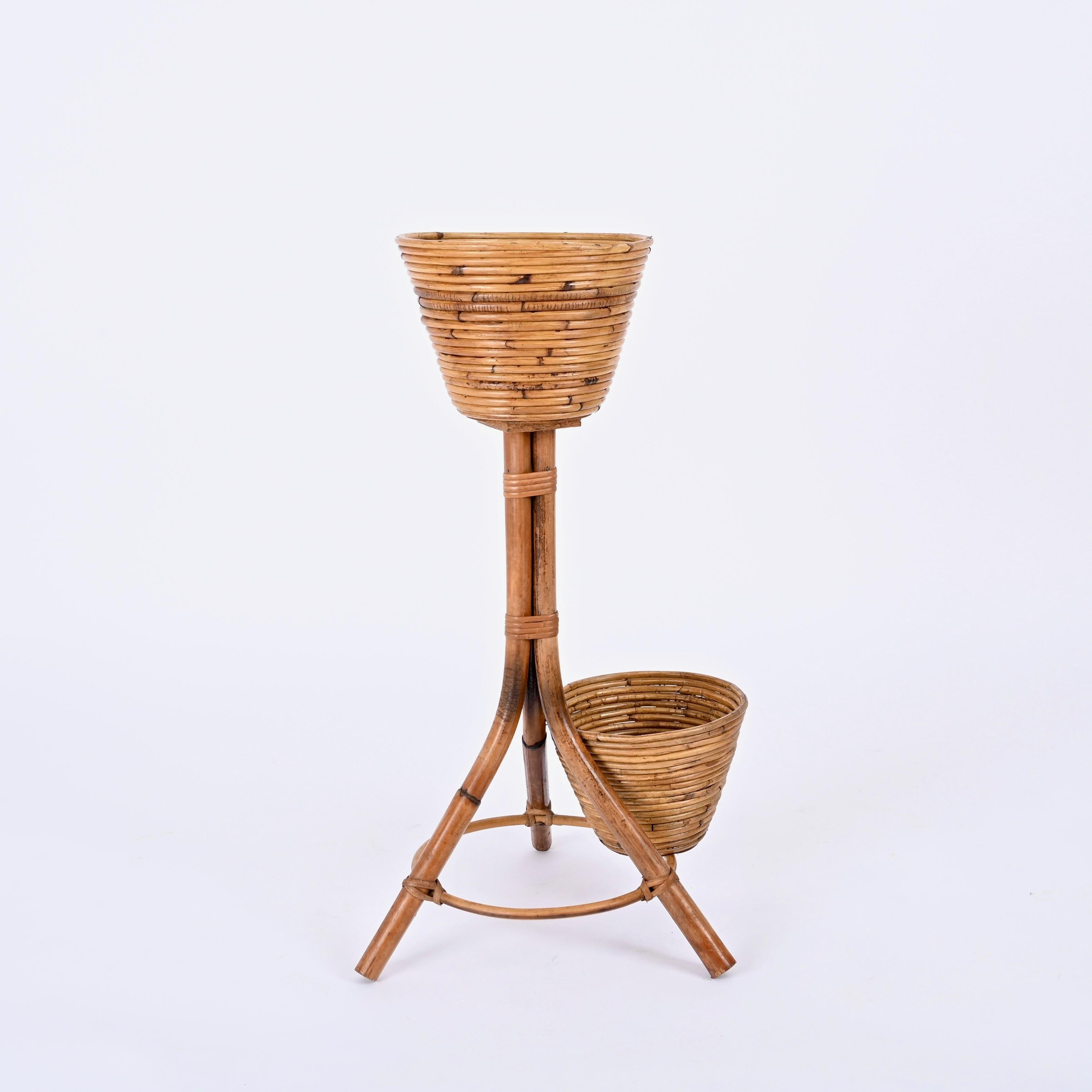 Mid-Century Italian Rattan and Bamboo Flower Stand Plant Holder, 1950s For Sale 7