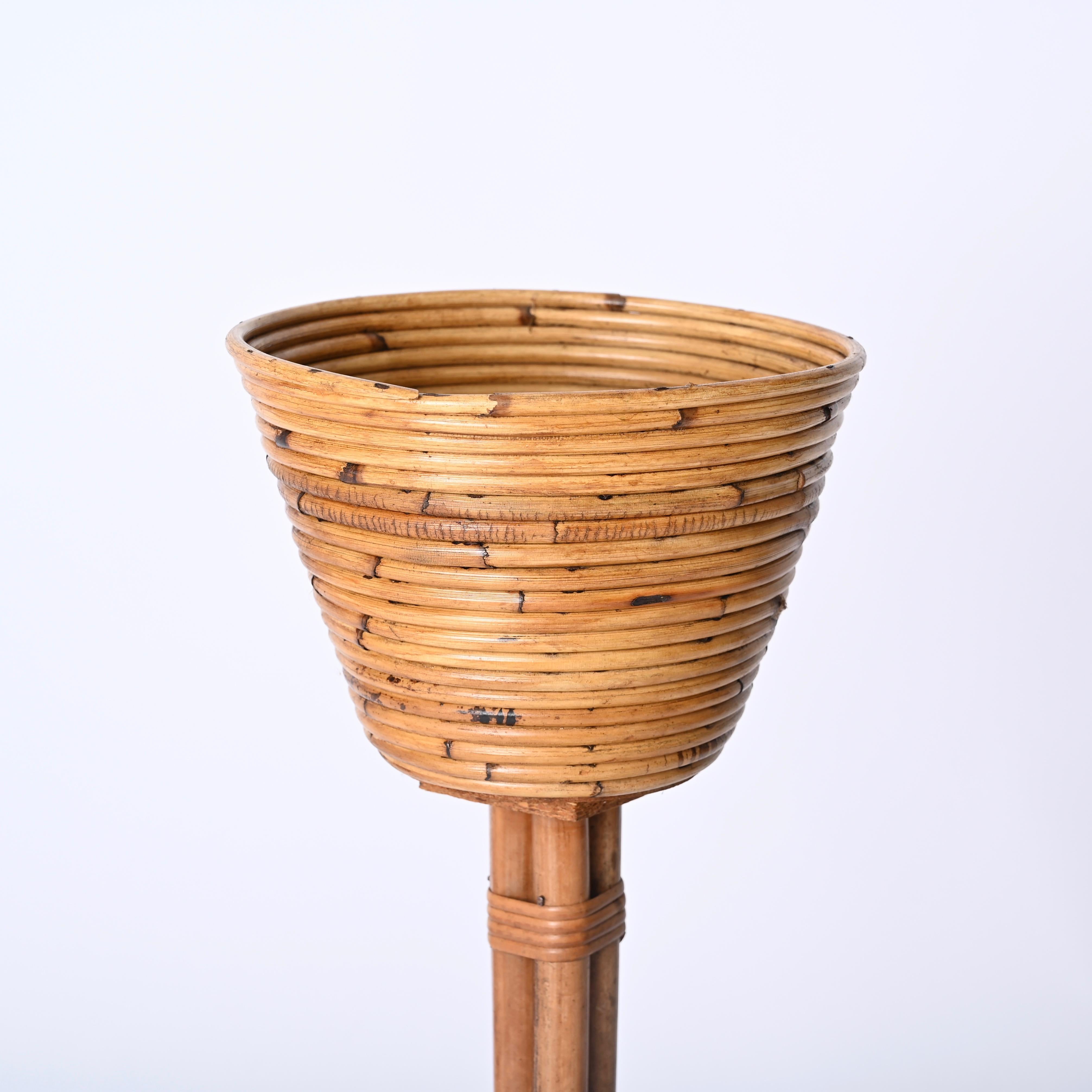 Hand-Crafted Mid-Century Italian Rattan and Bamboo Flower Stand Plant Holder, 1950s For Sale