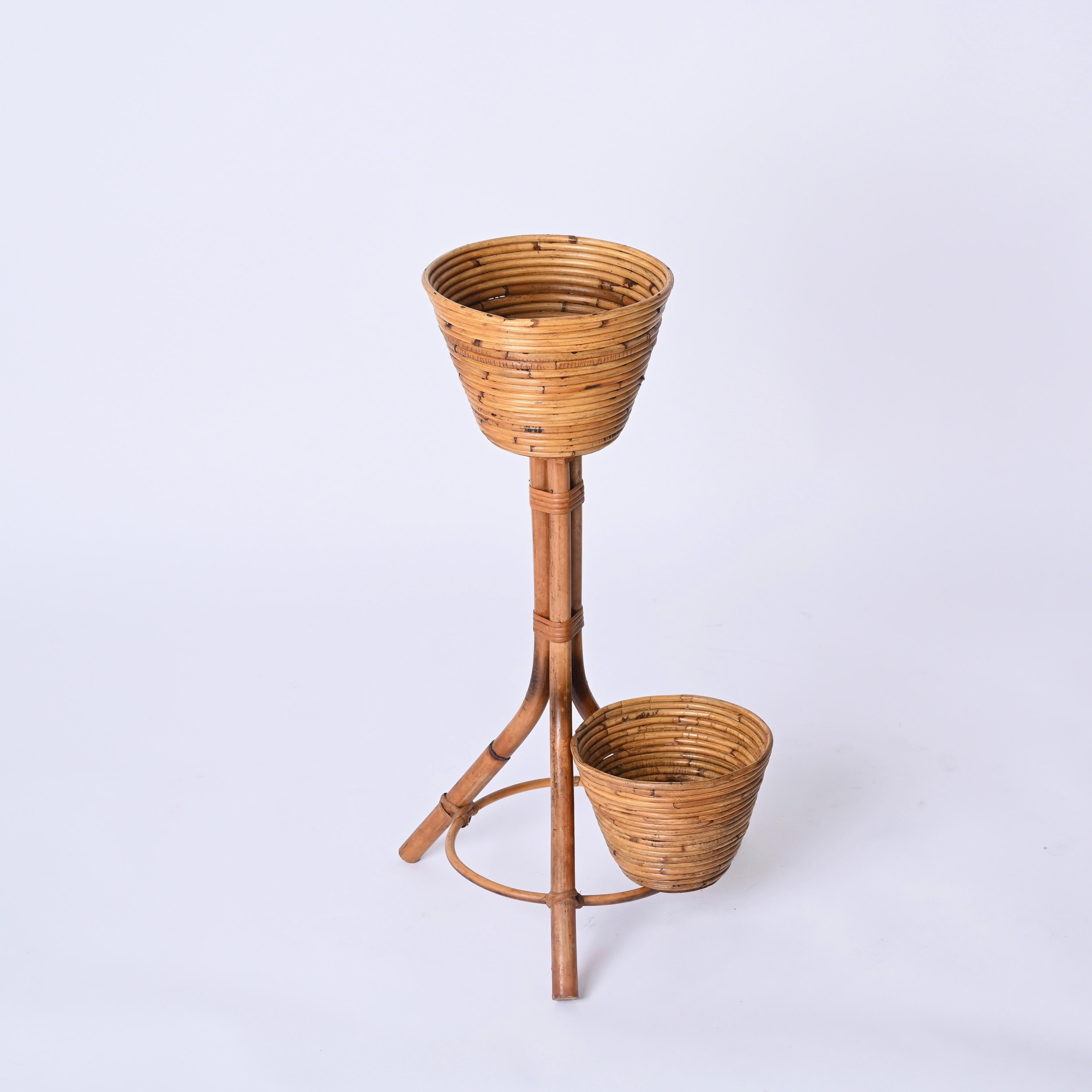 Mid-Century Italian Rattan and Bamboo Flower Stand Plant Holder, 1950s In Good Condition For Sale In Roma, IT