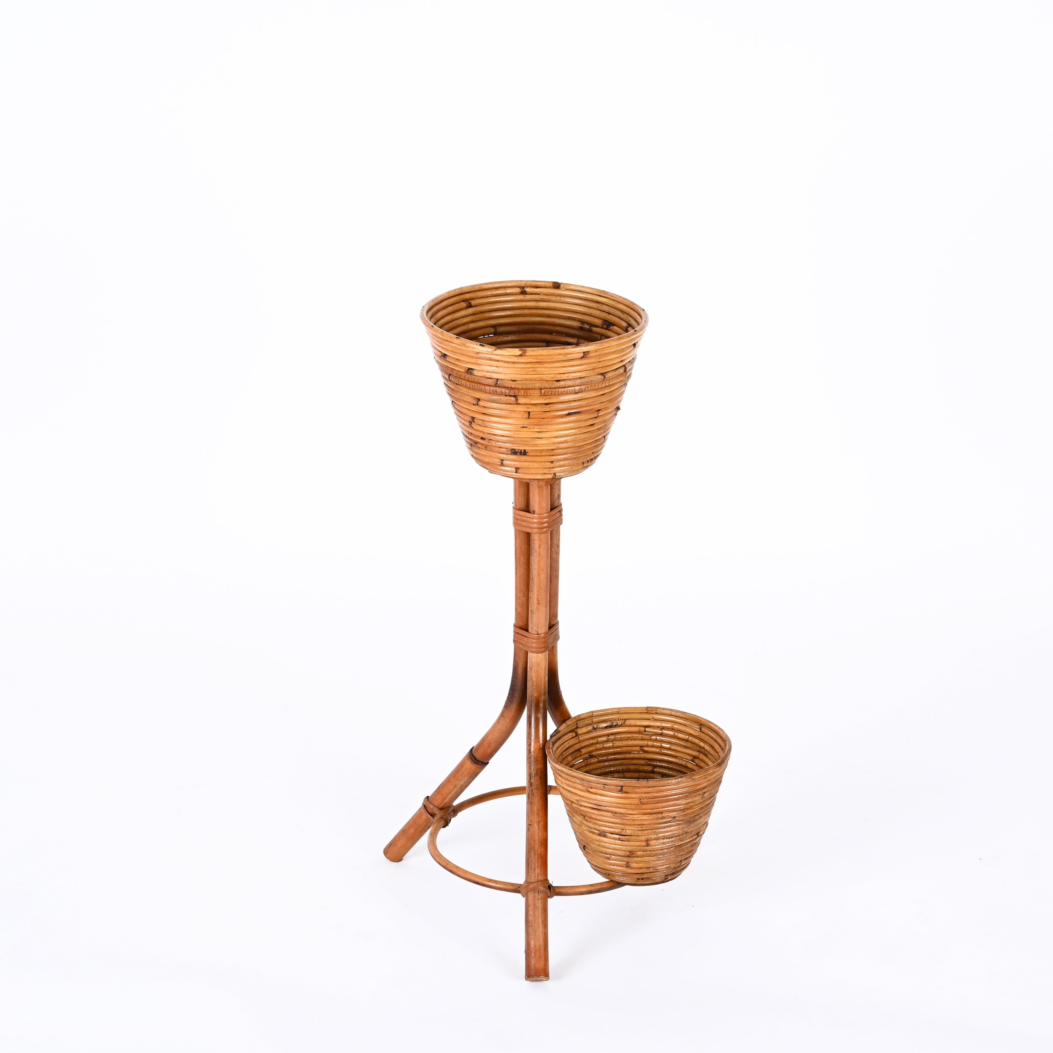 Mid-Century Italian Rattan and Bamboo Flower Stand Plant Holder, 1950s For Sale 2