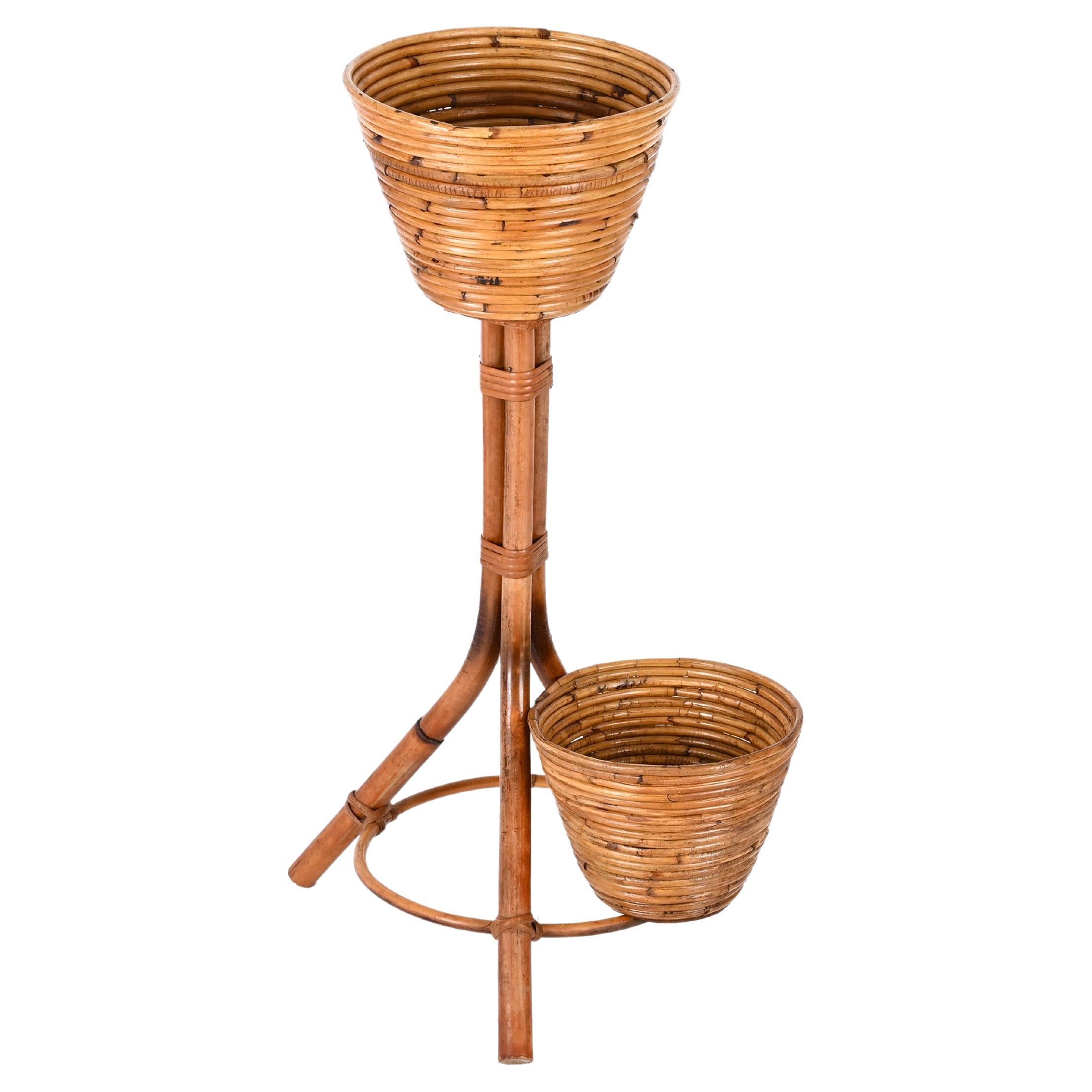 Mid-Century Italian Rattan and Bamboo Flower Stand Plant Holder, 1950s