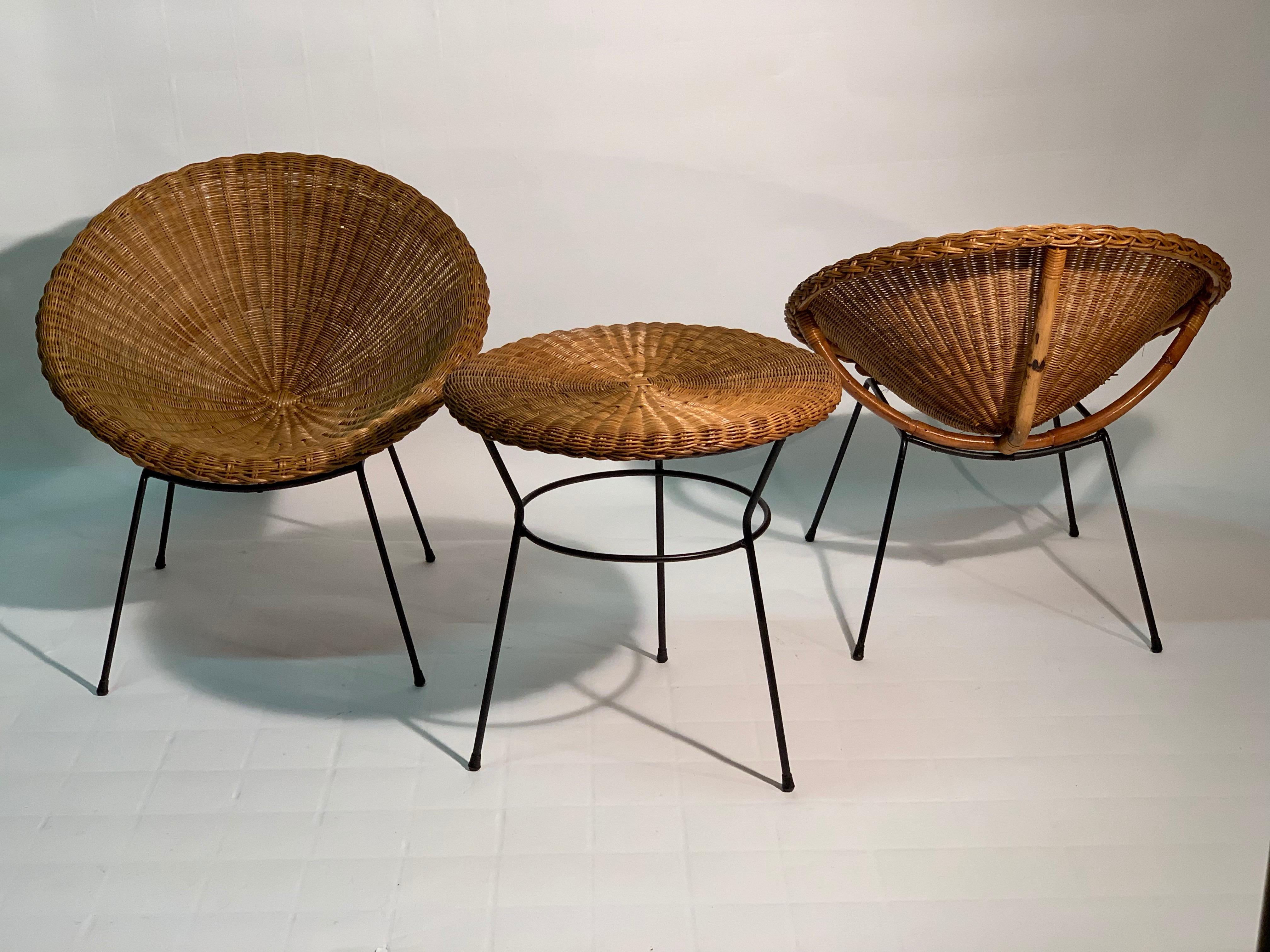 Mid-Century Modern Midcentury Italian Rattan and Bamboo Pair of Armchairs and Table, 1950s
