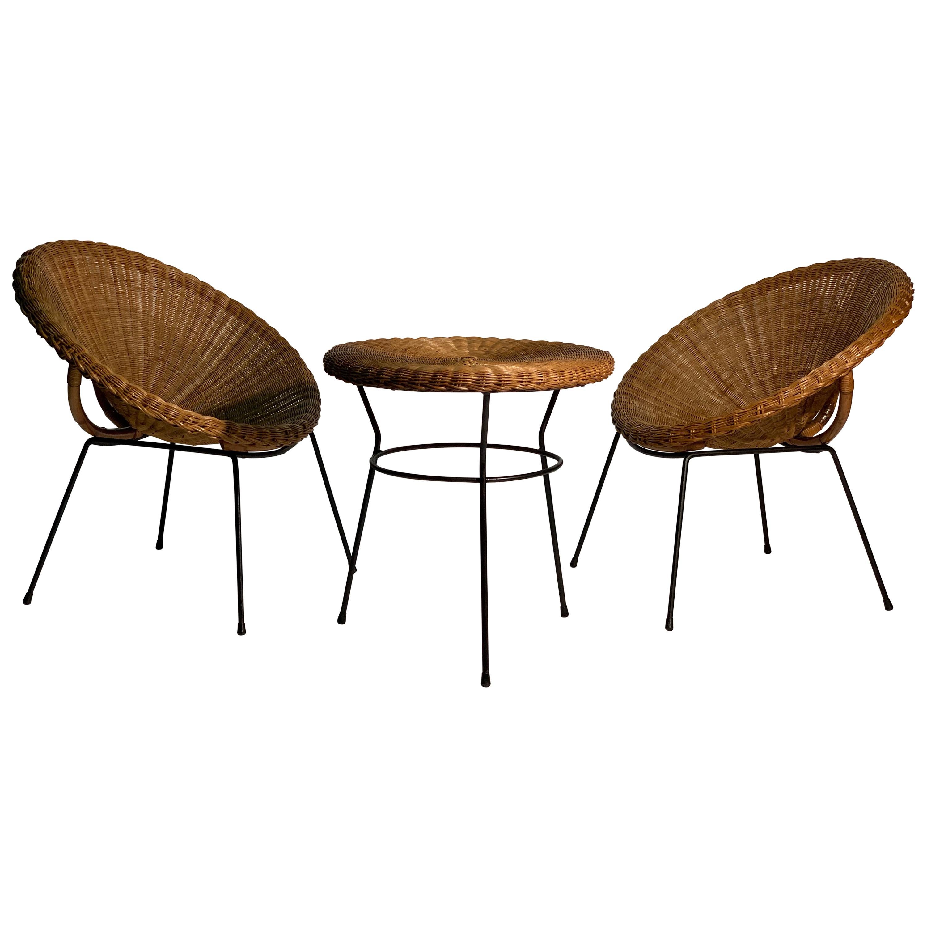 Midcentury Italian Rattan and Bamboo Pair of Armchairs and Table, 1950s